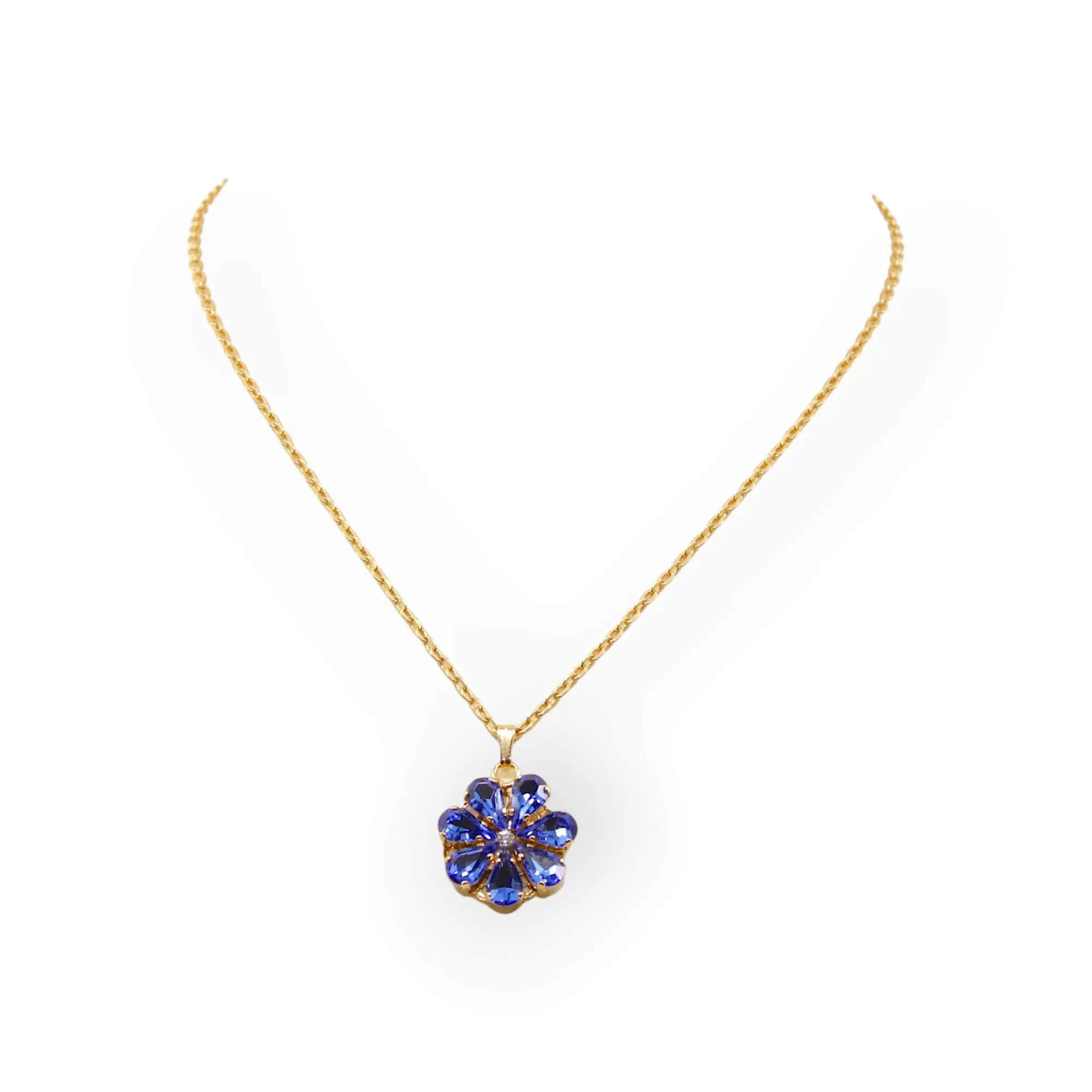 Daisy Pendant Necklace - Crystal Drops - Sapphire and Aquamarine Shades