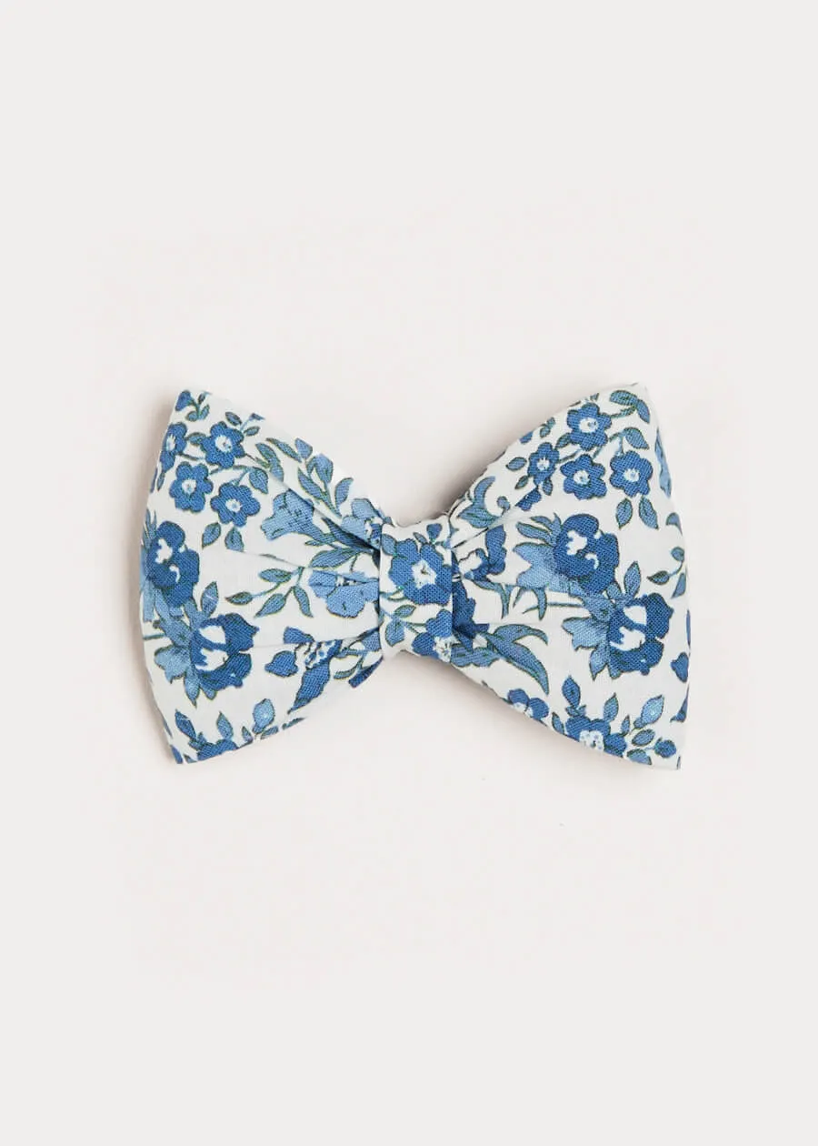 Daphne Blue Floral Print Bow Clip - Medium Size