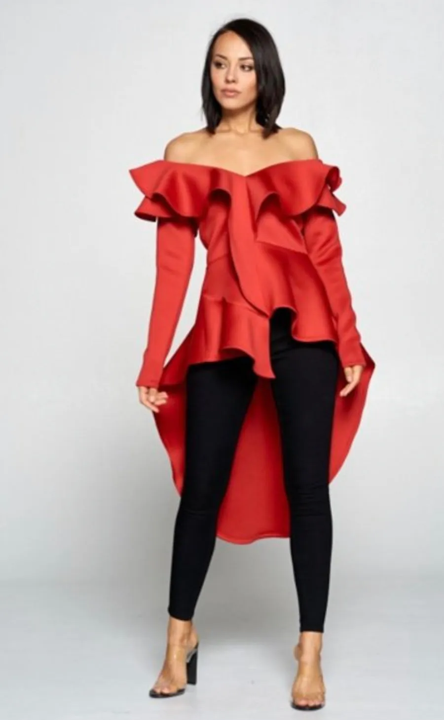 Dramatic Red Off Shoulder Ruffled Hi Low Top