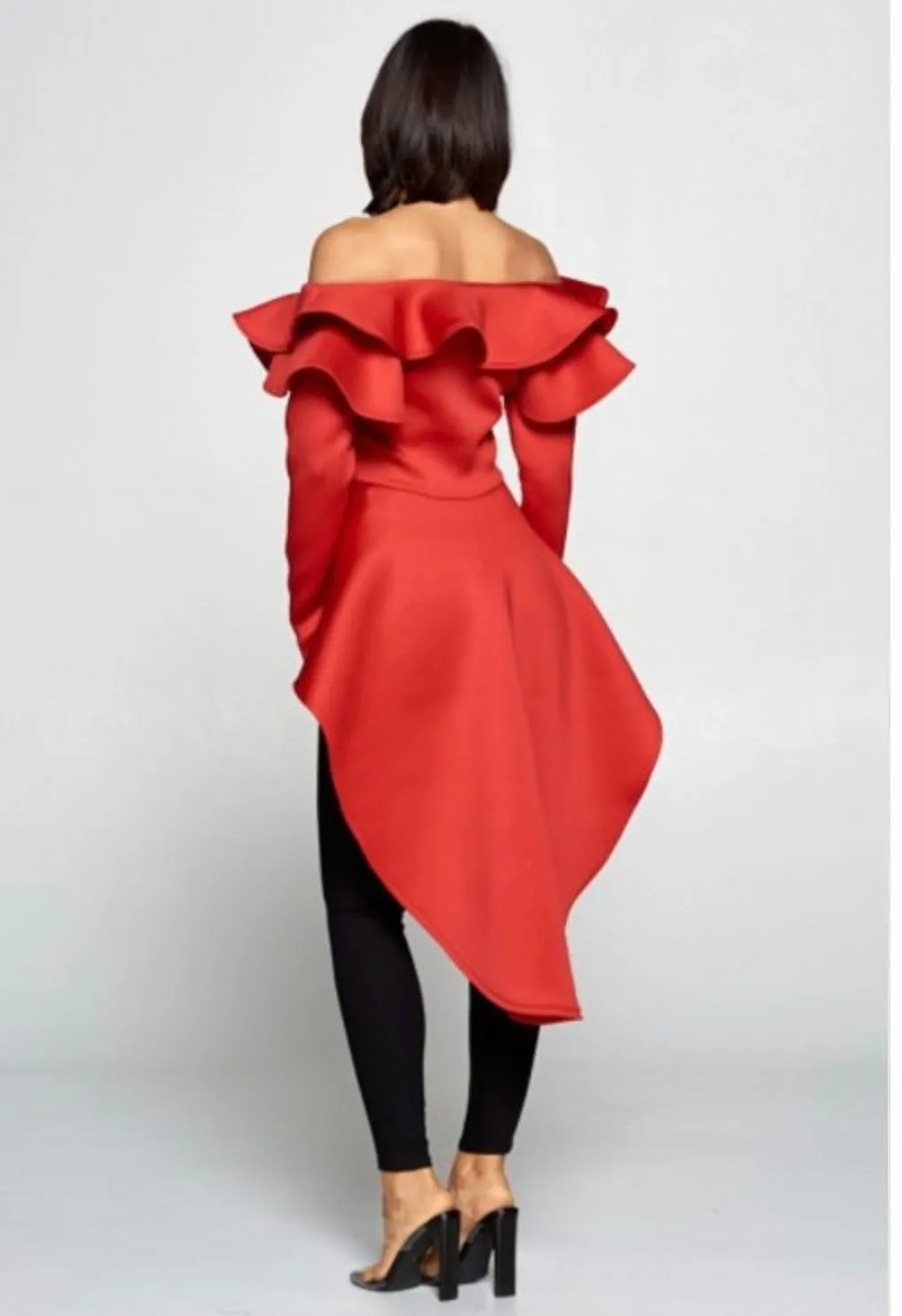 Dramatic Red Off Shoulder Ruffled Hi Low Top