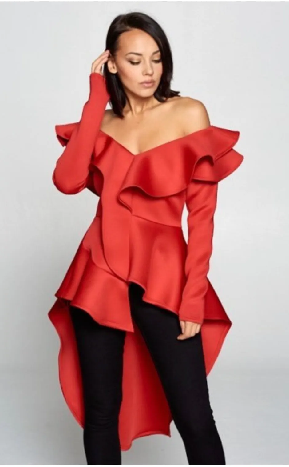 Dramatic Red Off Shoulder Ruffled Hi Low Top