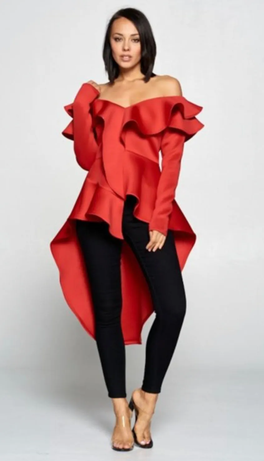 Dramatic Red Off Shoulder Ruffled Hi Low Top