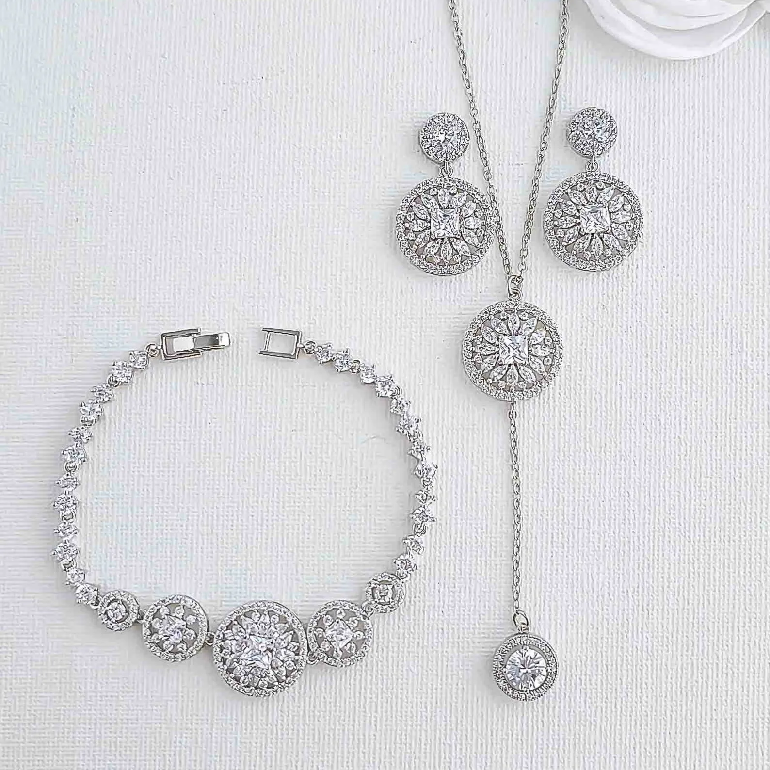 Earrings, Bracelet, and Long Drop Necklace Set - Adonia Weddings