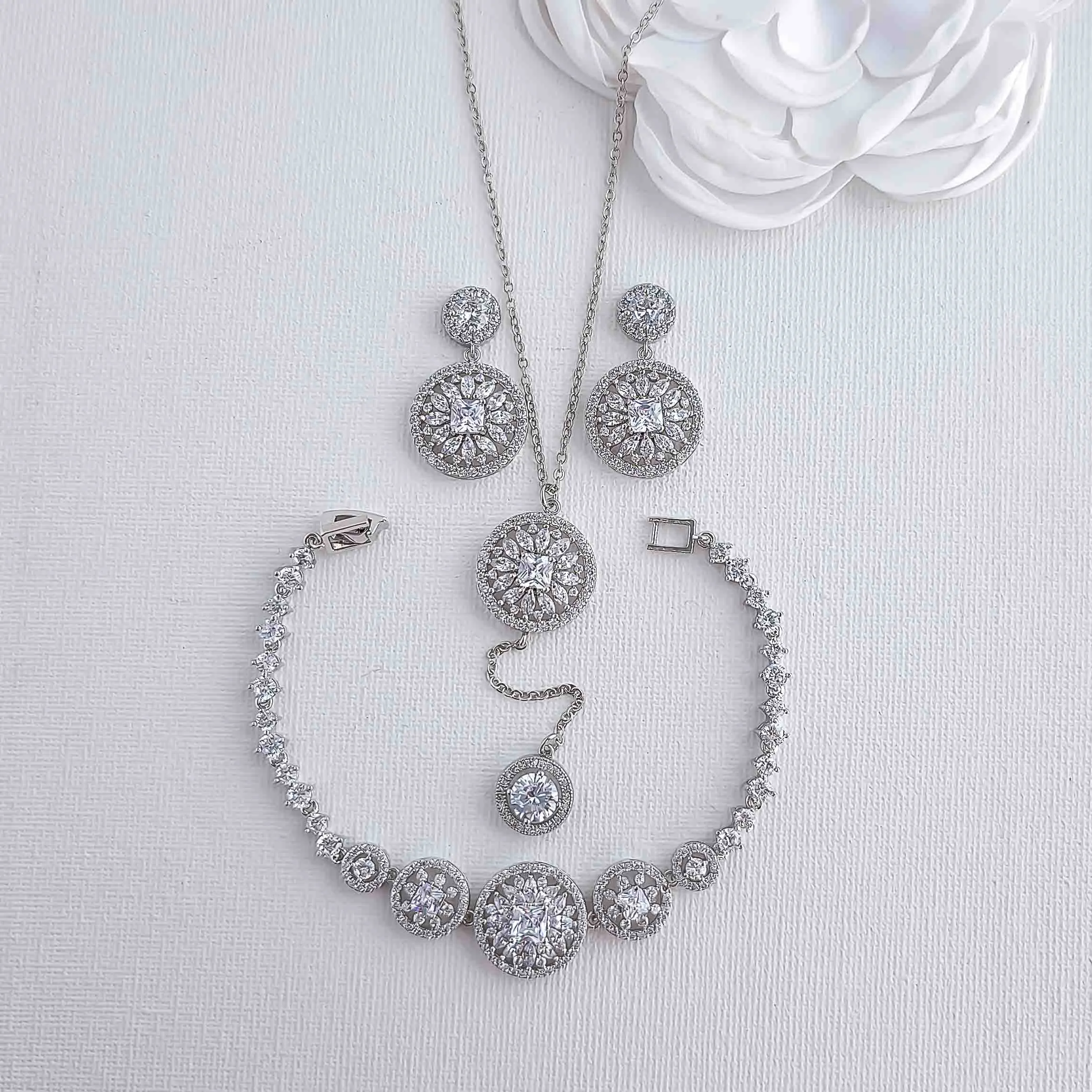 Earrings, Bracelet, and Long Drop Necklace Set - Adonia Weddings