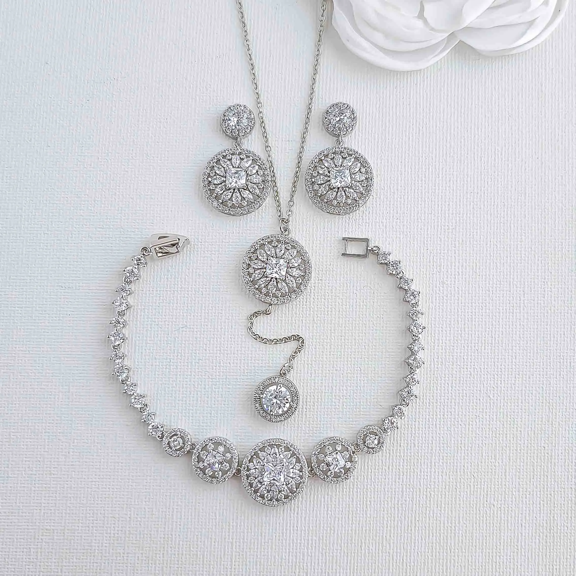 Earrings, Bracelet, and Long Drop Necklace Set - Adonia Weddings