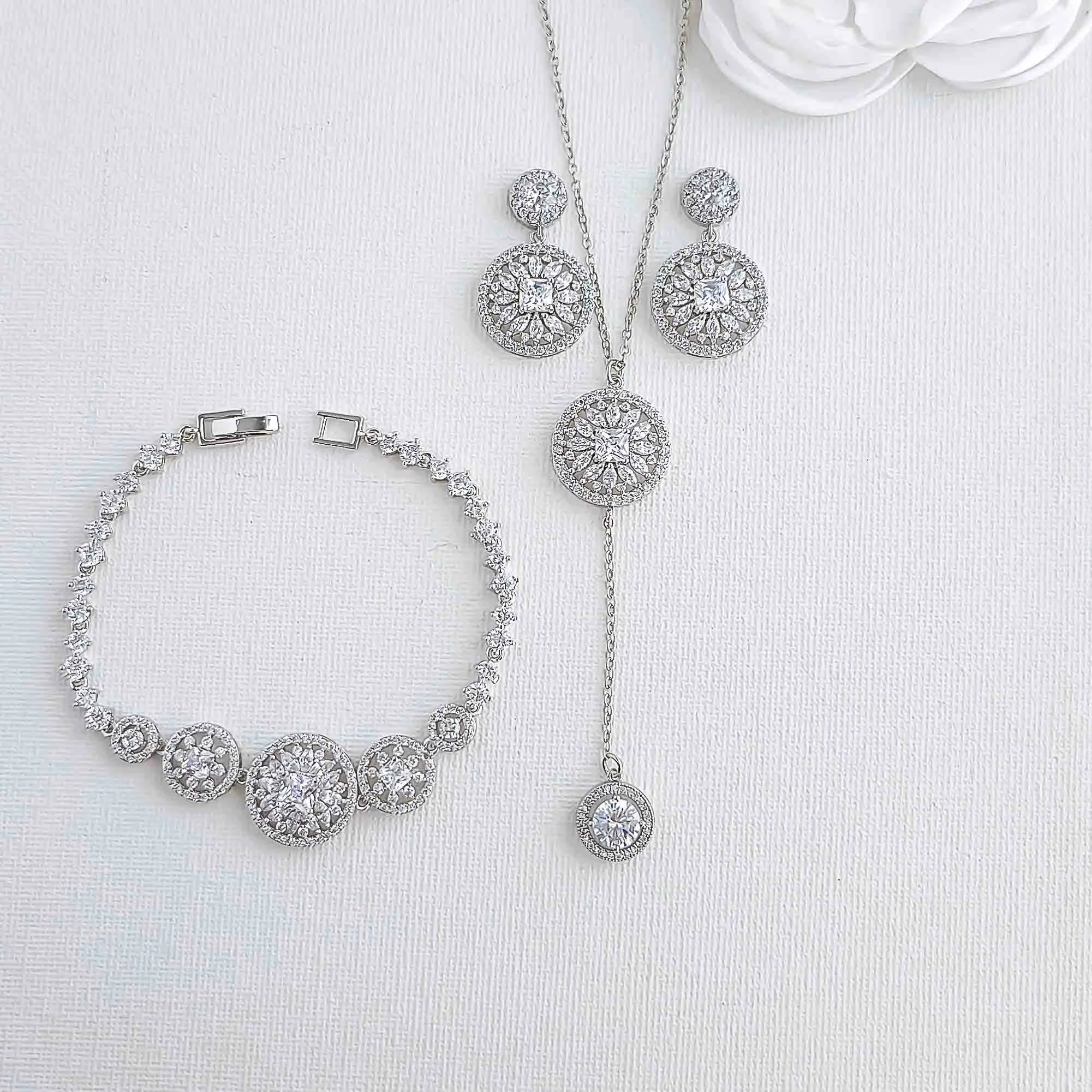 Earrings, Bracelet, and Long Drop Necklace Set - Adonia Weddings