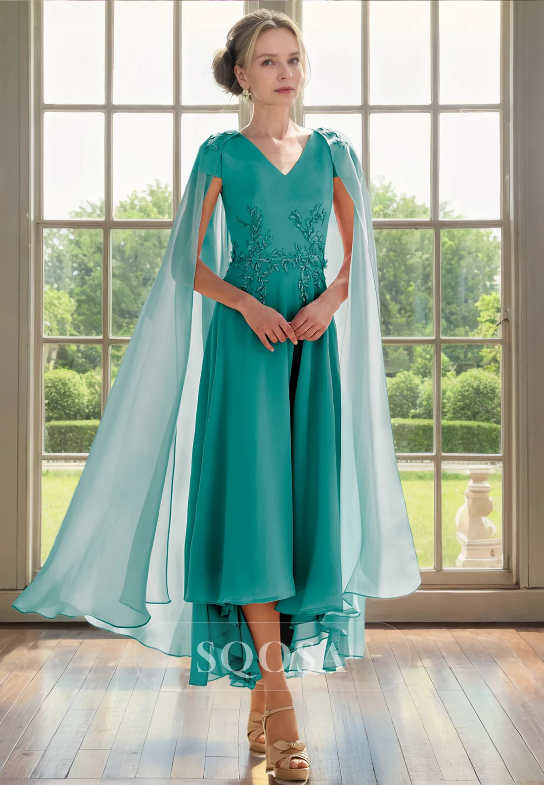 Elegant V neck Chiffon Appliques Mother of the Bride Dress for Wedding