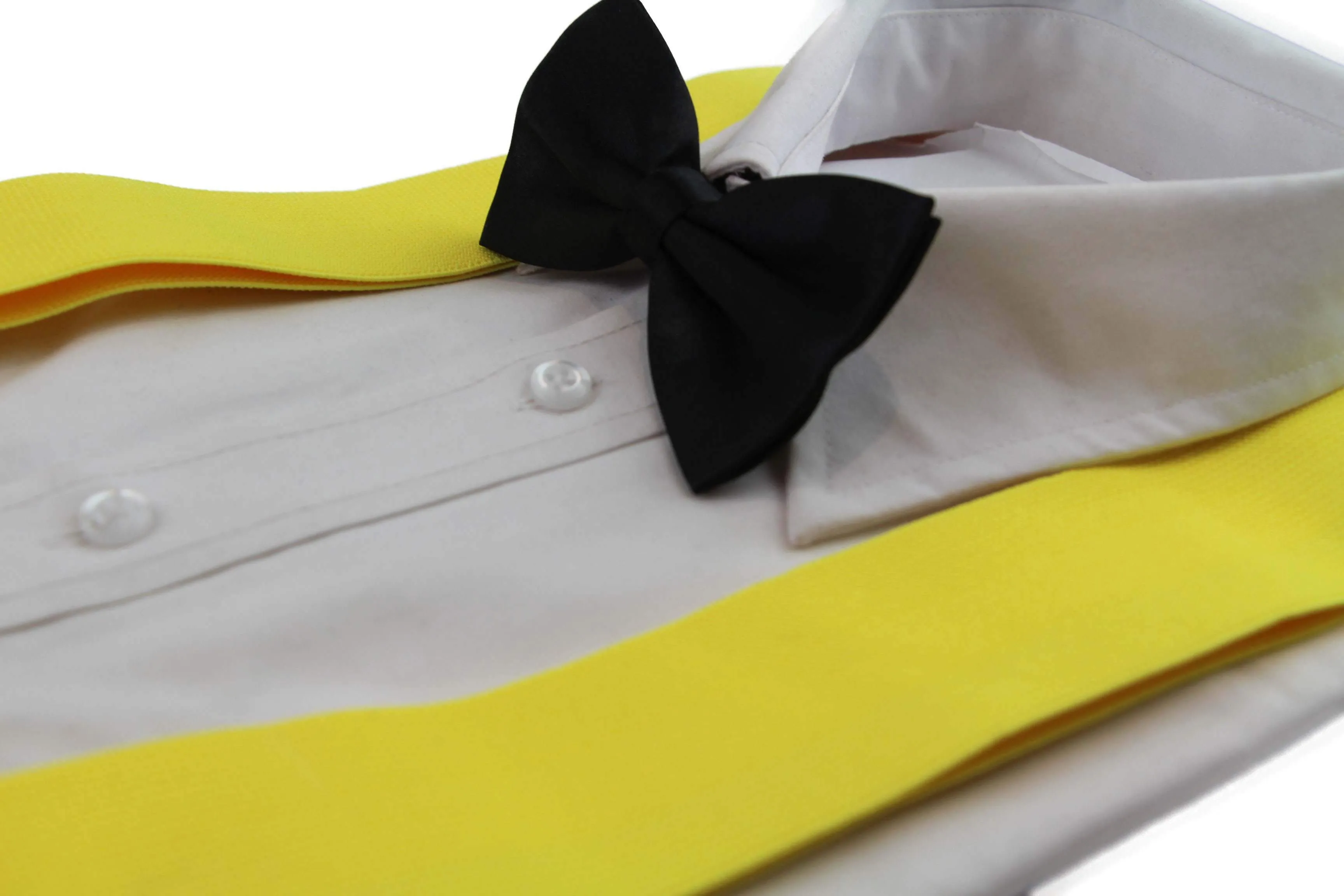 Extra Wide Yellow 120cm Suspenders with Black Bow Tie Set