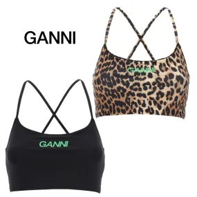 Ganni Leopard Patterns Lace-up Blended Fabrics Plain Logo