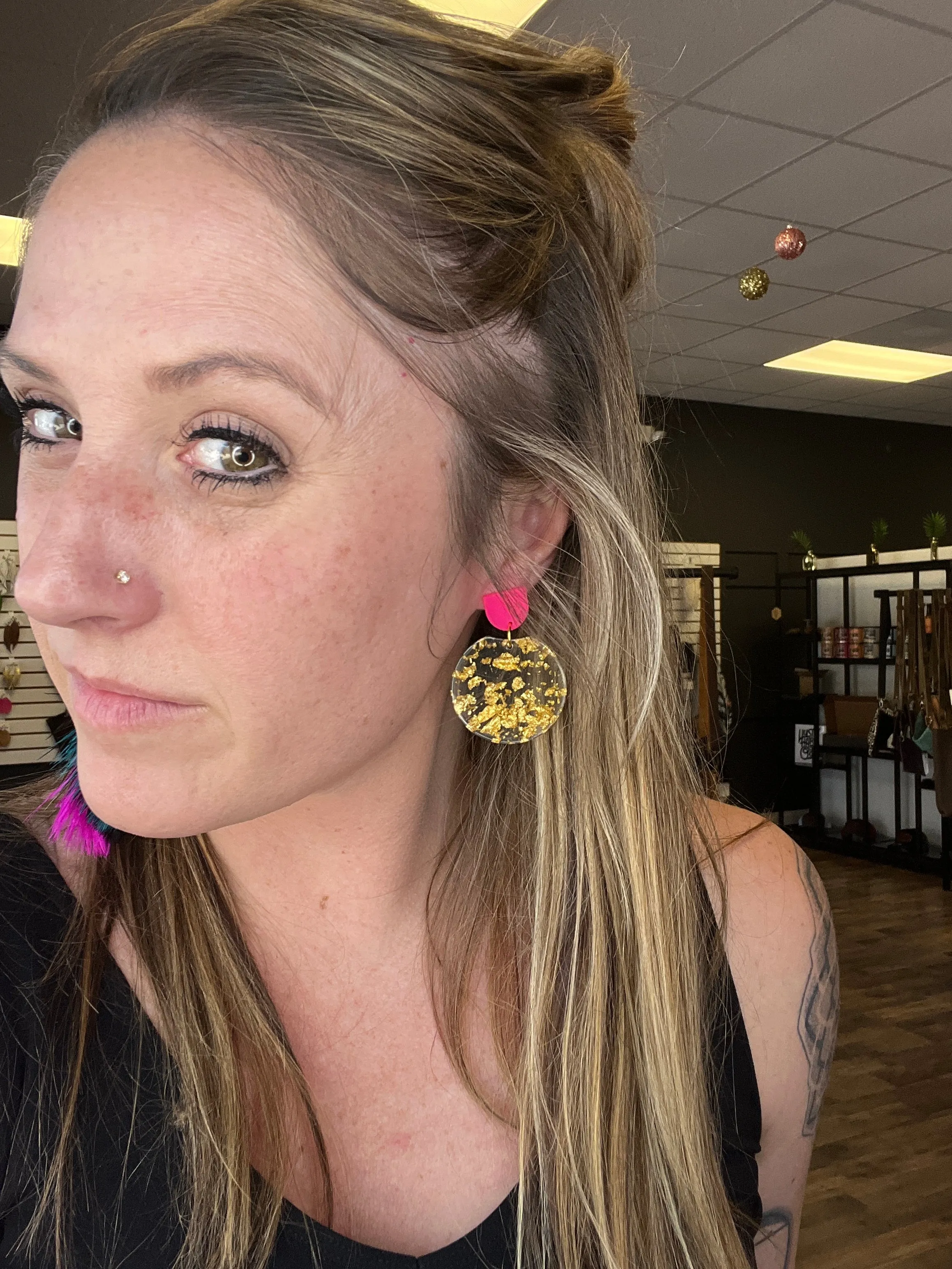 Gold Flake Pink Acrylic Earrings for Sale