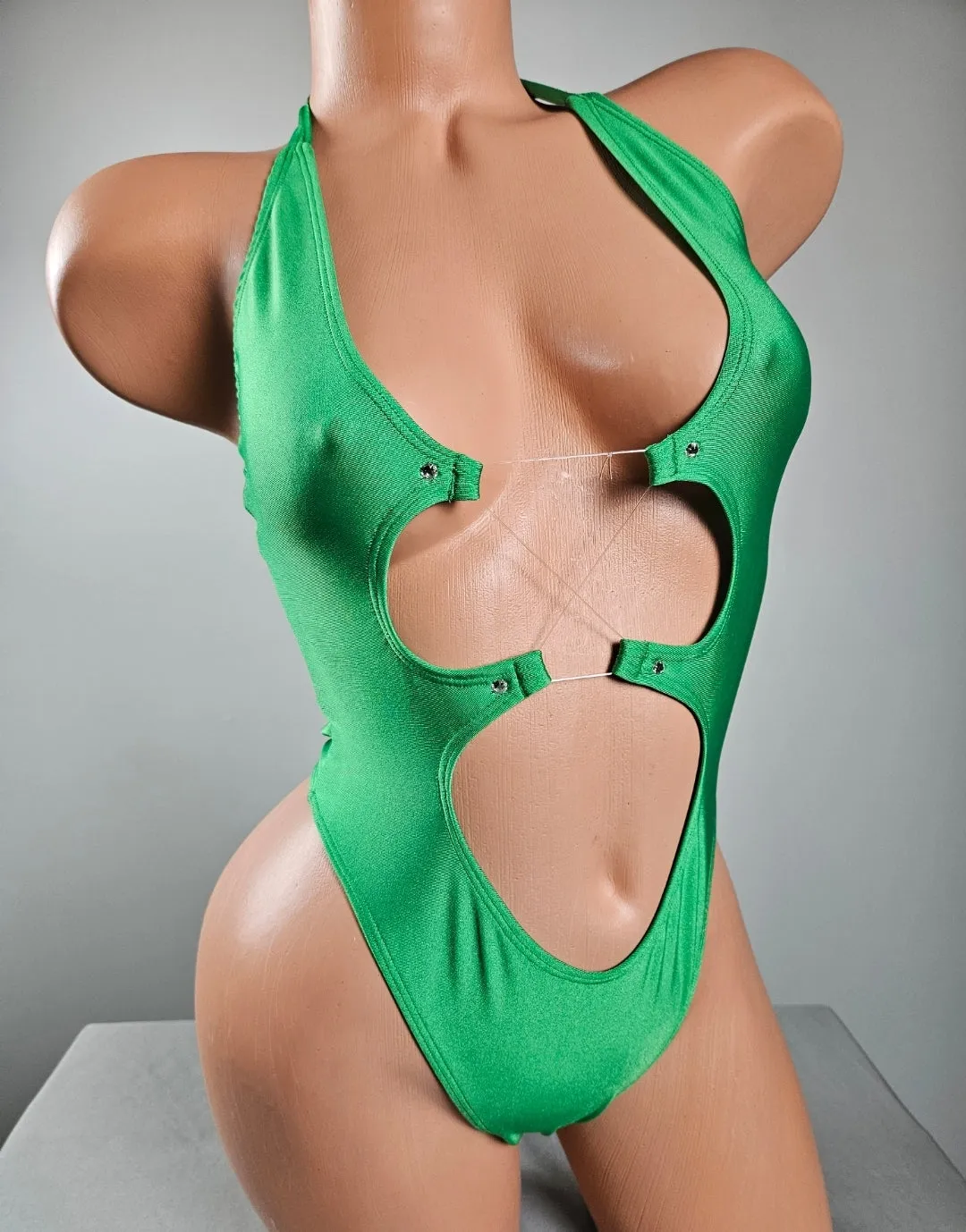 Green One Piece Swimsuit with Lace Up Detail