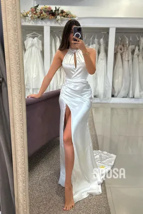 Halter Satin Pleats Split Wedding Dress Bridal Gowns With Train - QW8053