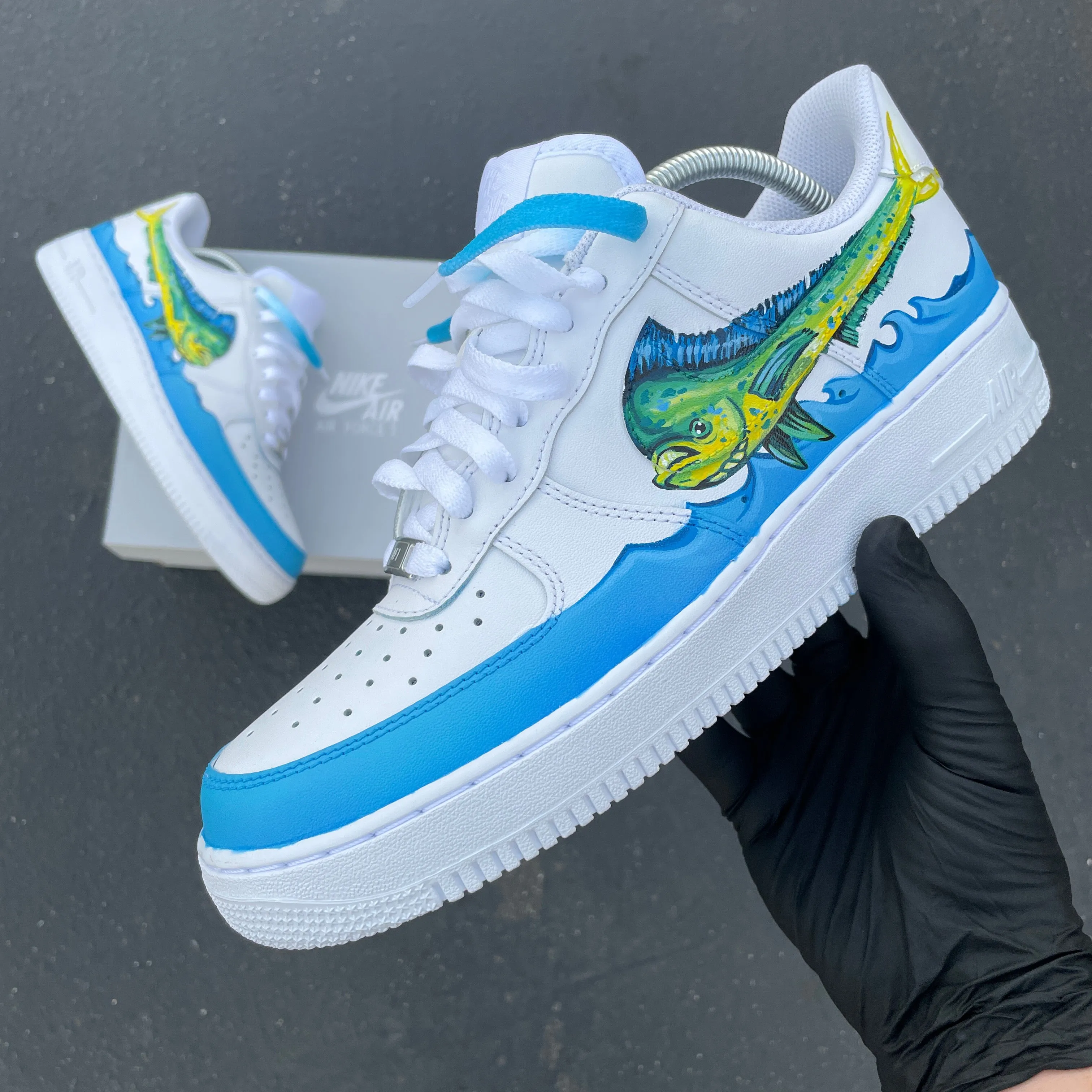 Hand Painted Mahi-mahi Fishing Nike Air Force 1 Low, Custom White Design