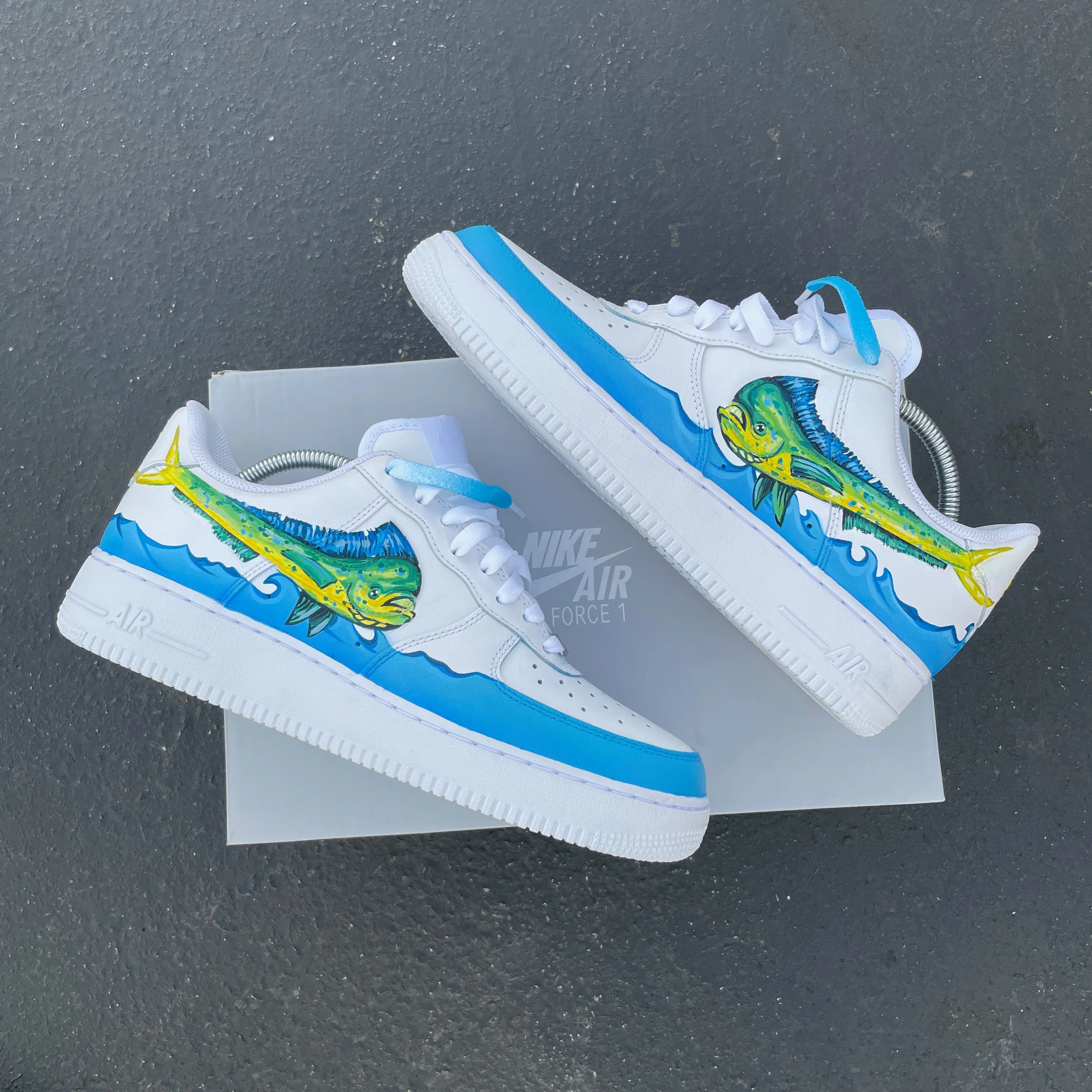 Hand Painted Mahi-mahi Fishing Nike Air Force 1 Low, Custom White Design