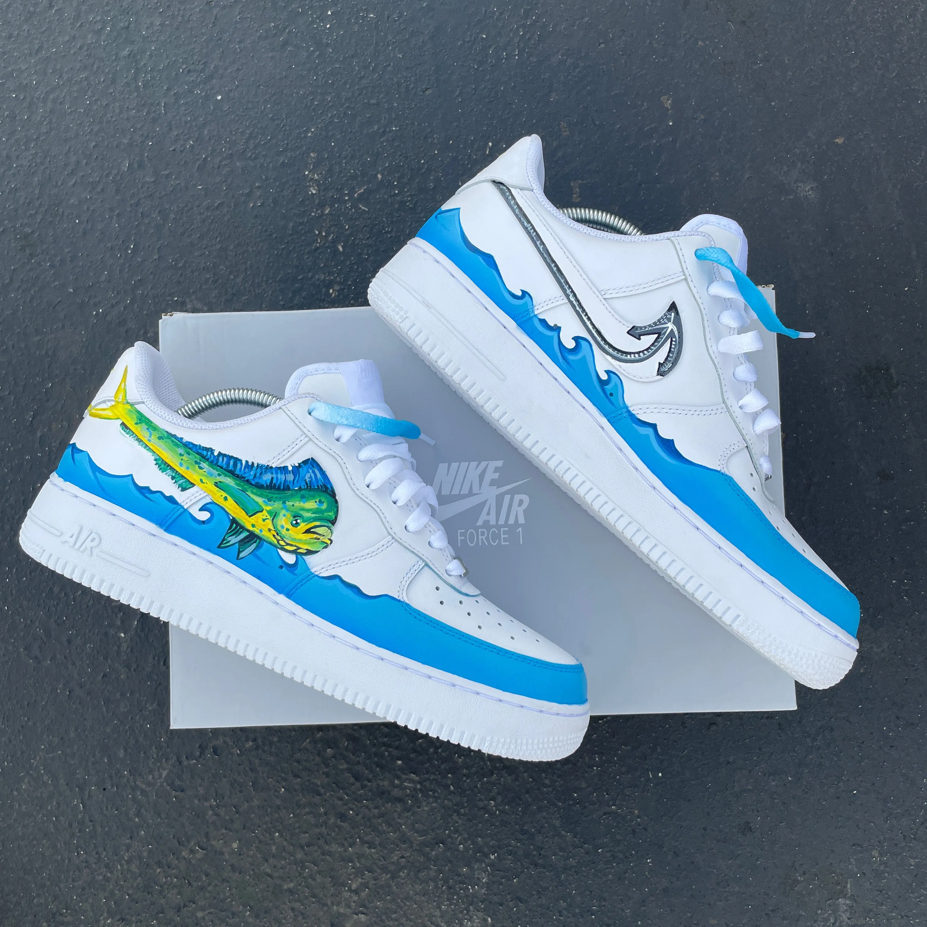 Hand Painted Mahi-mahi Fishing Nike Air Force 1 Low, Custom White Design