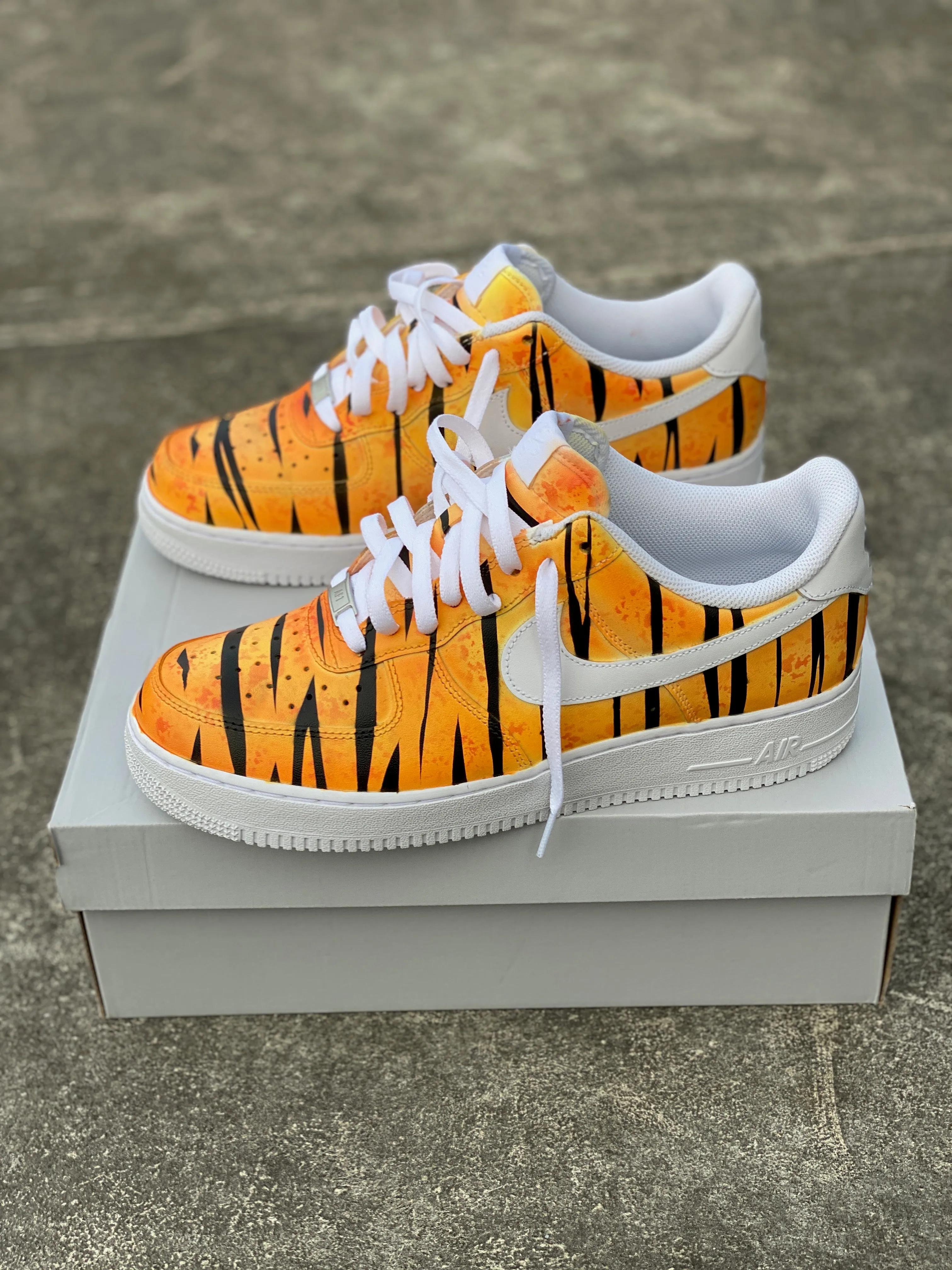 Hand Painted Orange Tiger Stripe Nike Air Force 1 | Custom Nike Air Force 1 | Tiger Stripe Nike Shoes | Orange Nike Sneakers