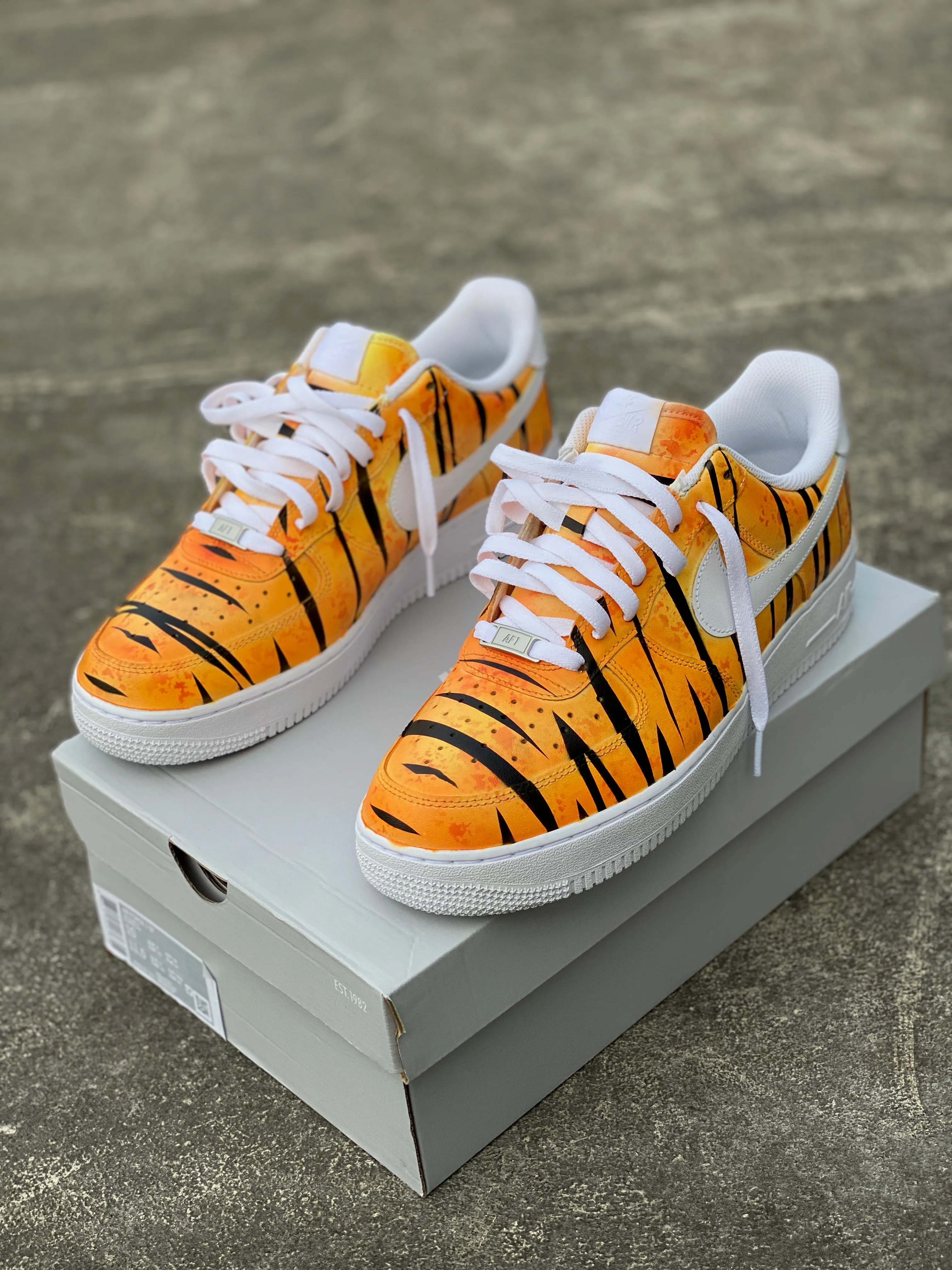 Hand Painted Orange Tiger Stripe Nike Air Force 1 | Custom Nike Air Force 1 | Tiger Stripe Nike Shoes | Orange Nike Sneakers