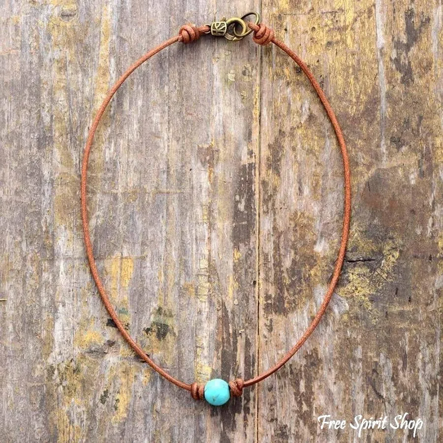 Handcrafted Leather Choker Necklace with Turquoise Beads