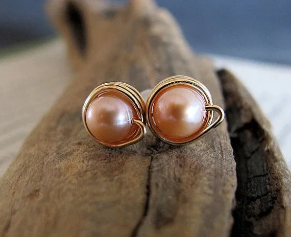 Handcrafted Pearl Stud Earrings with Wire Wrapping