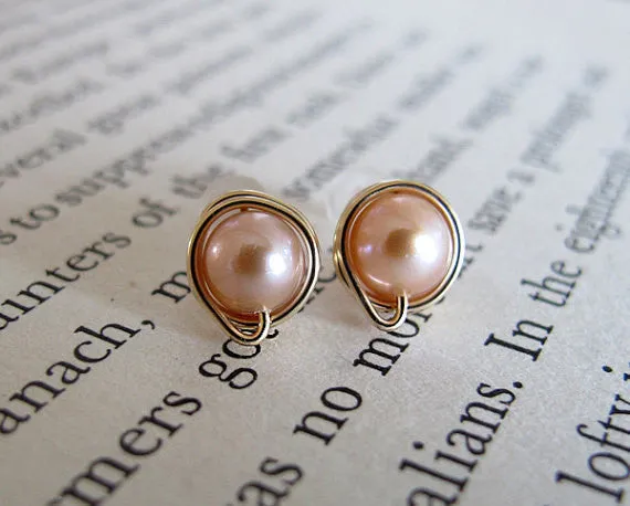 Handcrafted Pearl Stud Earrings with Wire Wrapping