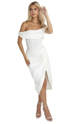 HOUSE OF CB Lulu Drape Corset Dress Ivory White, $389