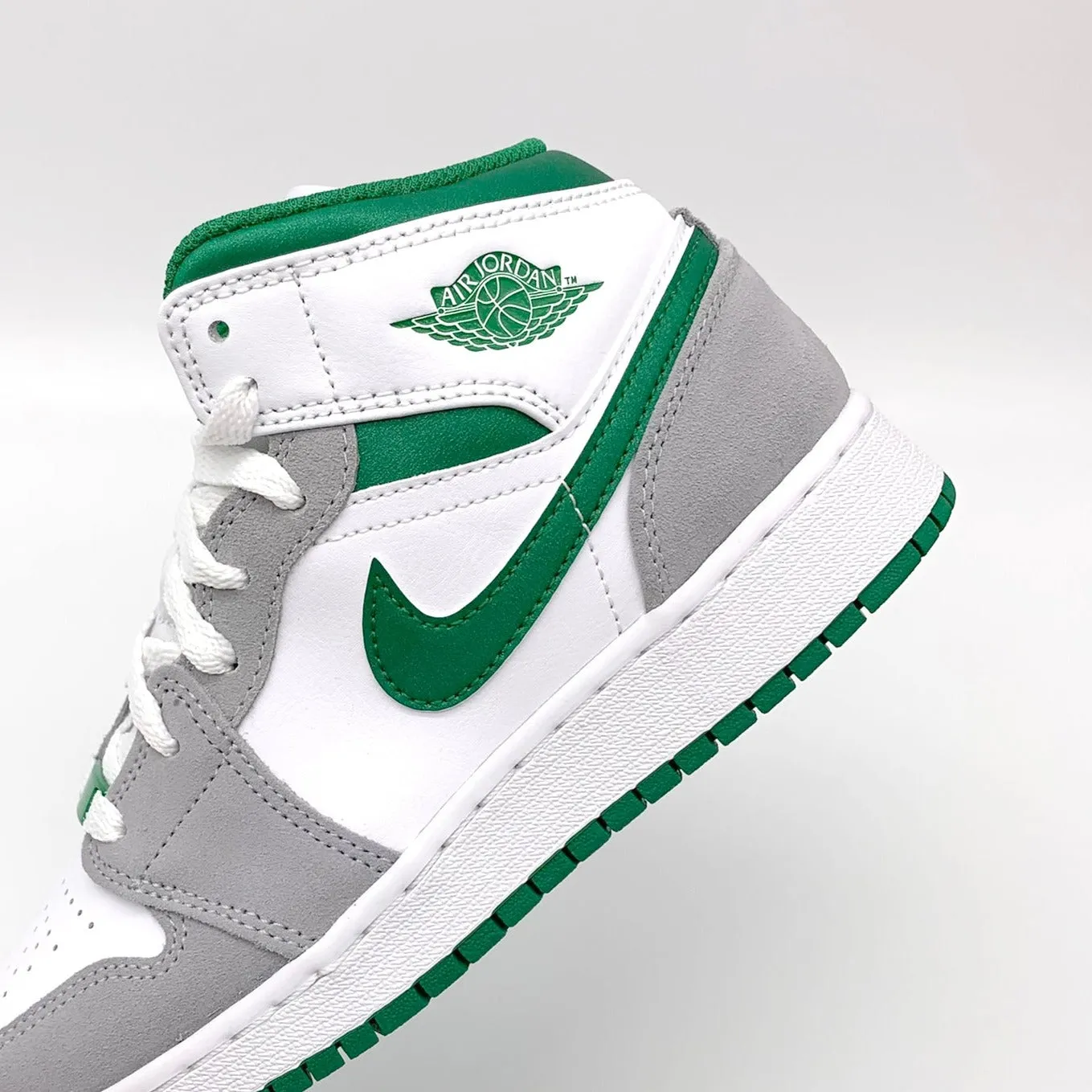 Jordan 1 Mid SE White Pine Green Smoke Grey sneakers.