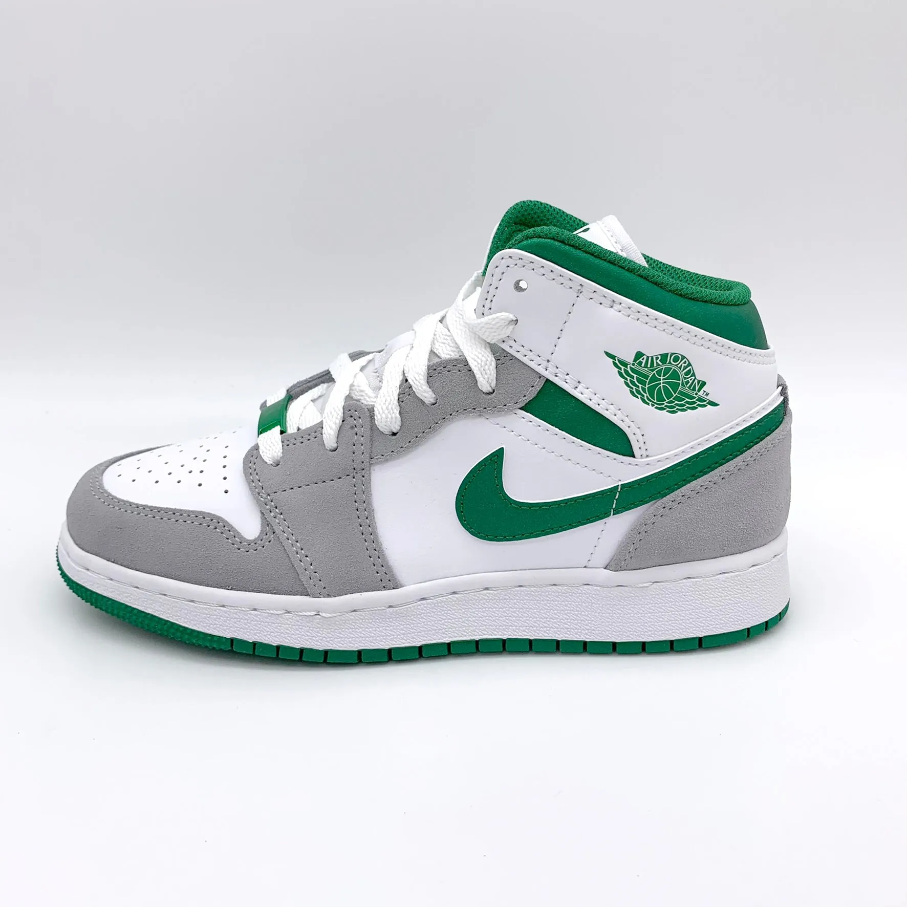 Jordan 1 Mid SE White Pine Green Smoke Grey sneakers.