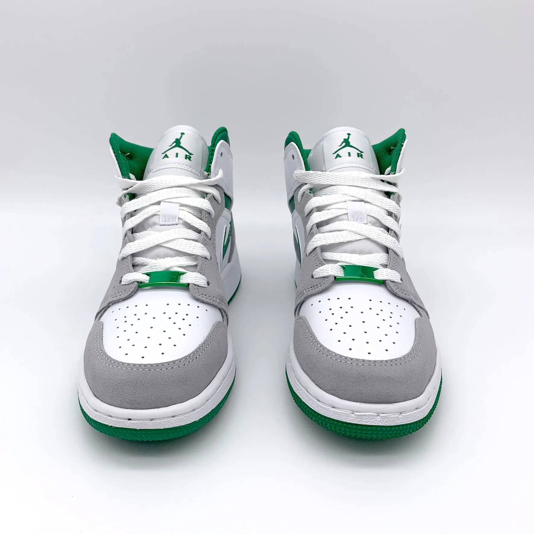 Jordan 1 Mid SE White Pine Green Smoke Grey sneakers.