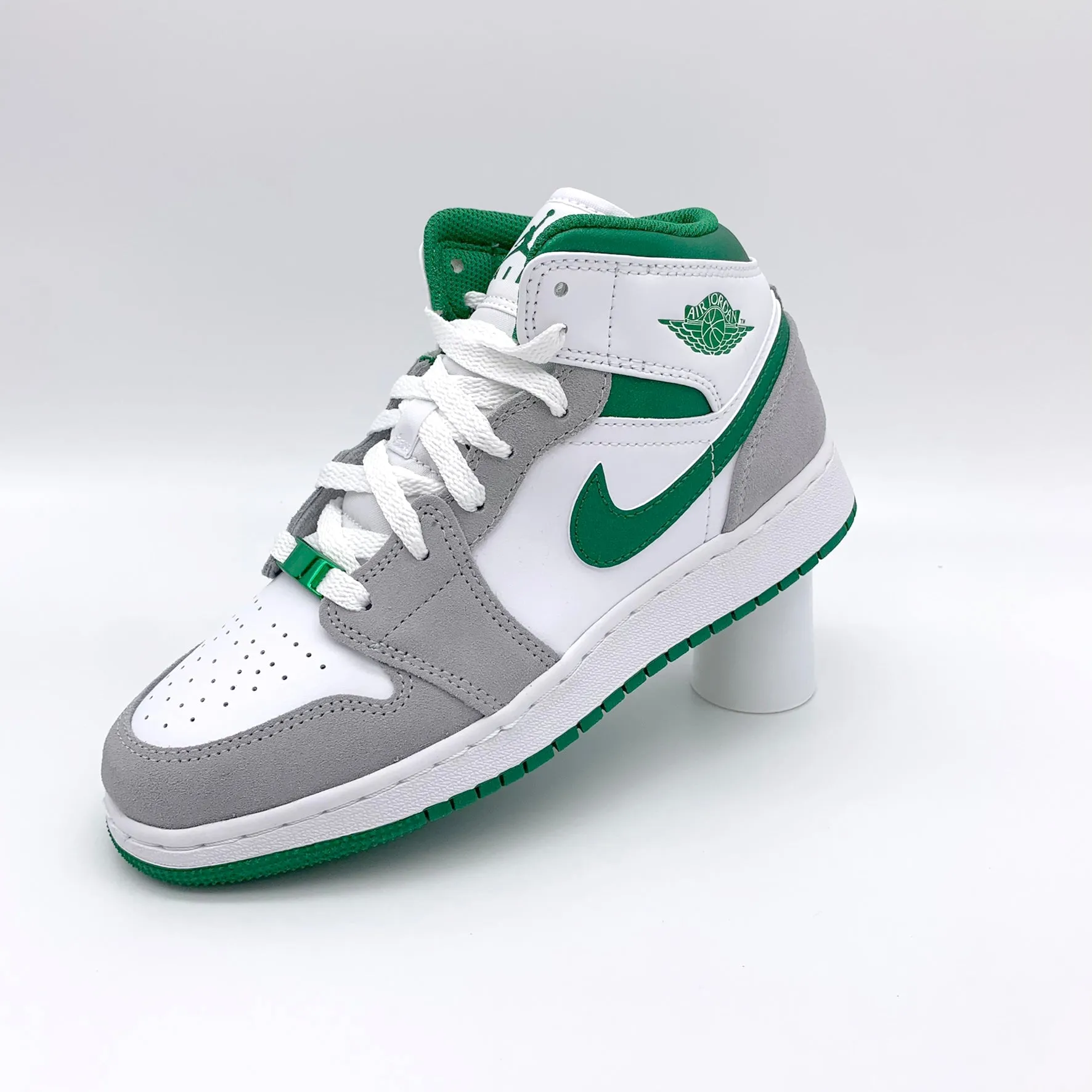 Jordan 1 Mid SE White Pine Green Smoke Grey sneakers.