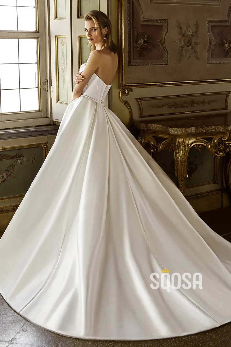 Keywords: A-Line, Pearls, Strapless, Satin, Casual, Wedding Dress, Bridal Gowns, Split, QW8045