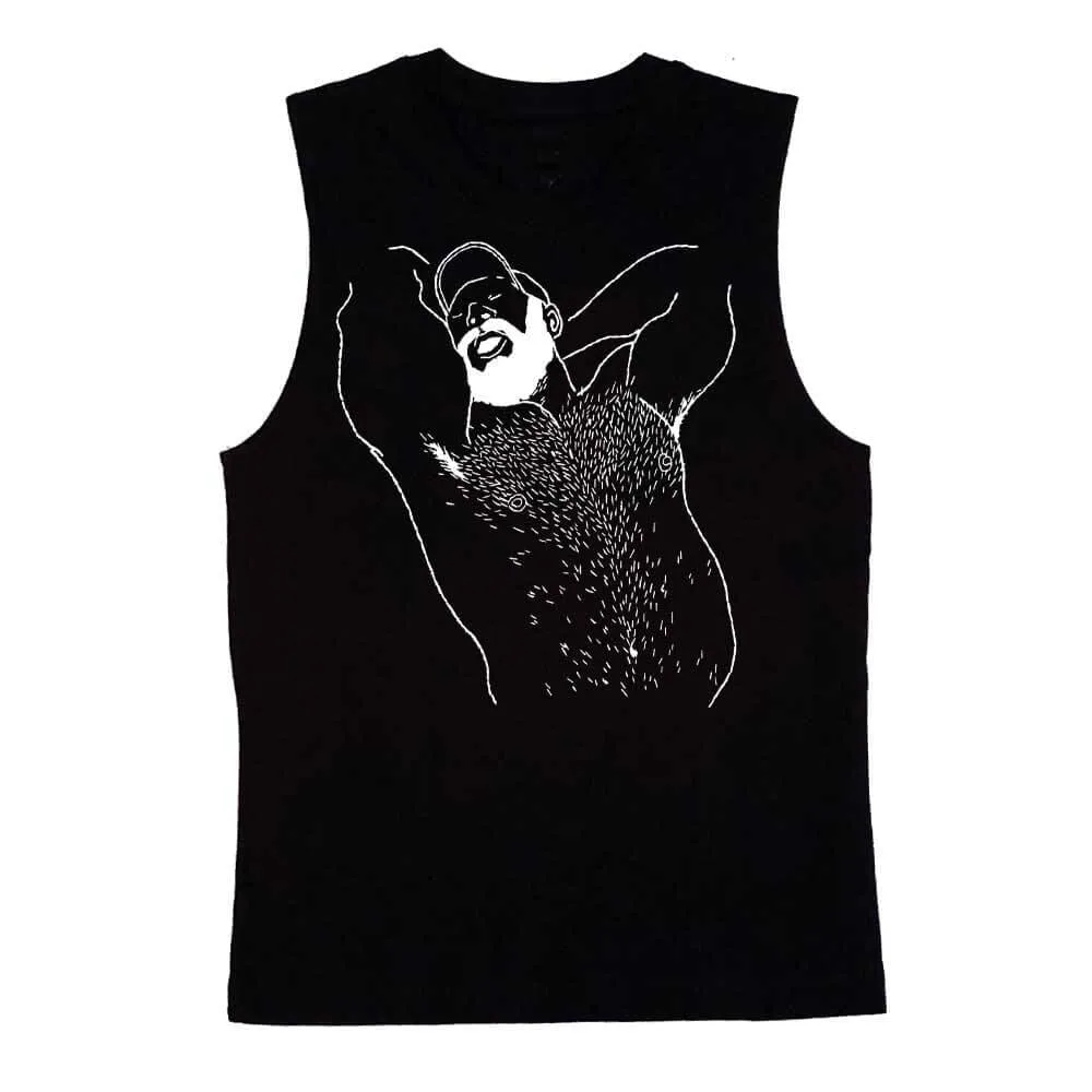 Kinky Needles Arms Up Bearded Bear White Print Sleeveless T-Shirt