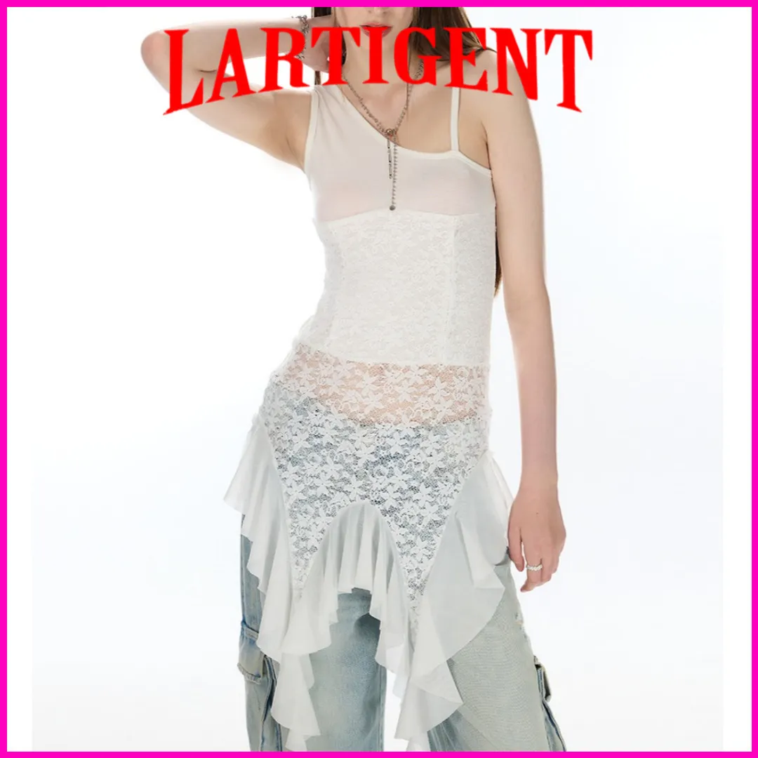 LARTIGENT | Striped Flower Pattern Lace-up Sleeveless Street Style