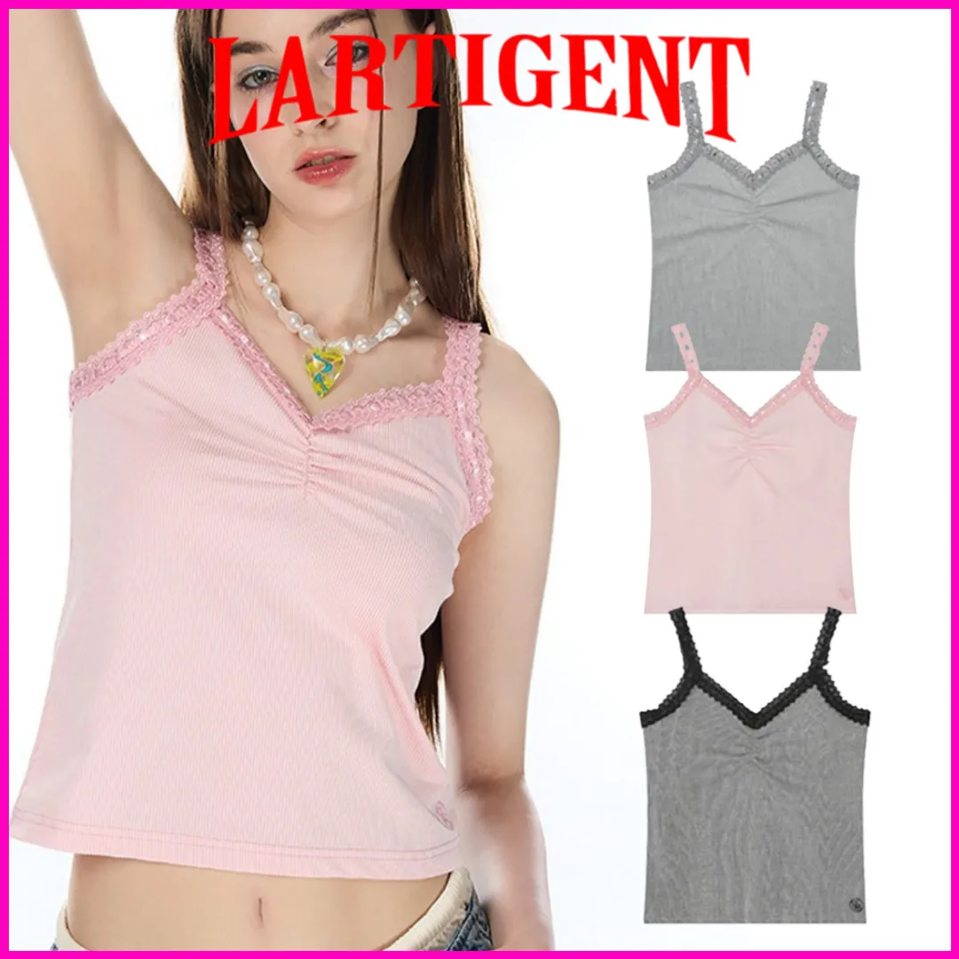 LARTIGENT Sleeveless V-Neck with Lace-up and Flower Patterns - Street Style