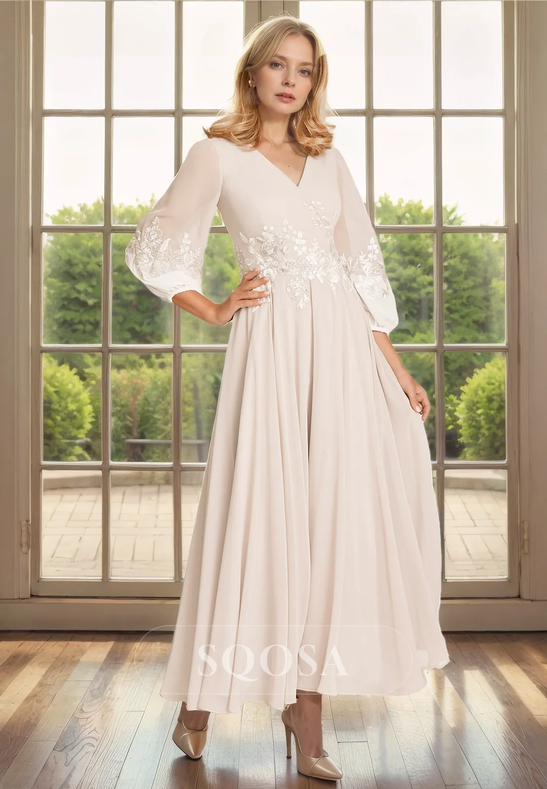 Line V neck Appliques 3/4 Sleeves Mother of the Bride Dress Wedding