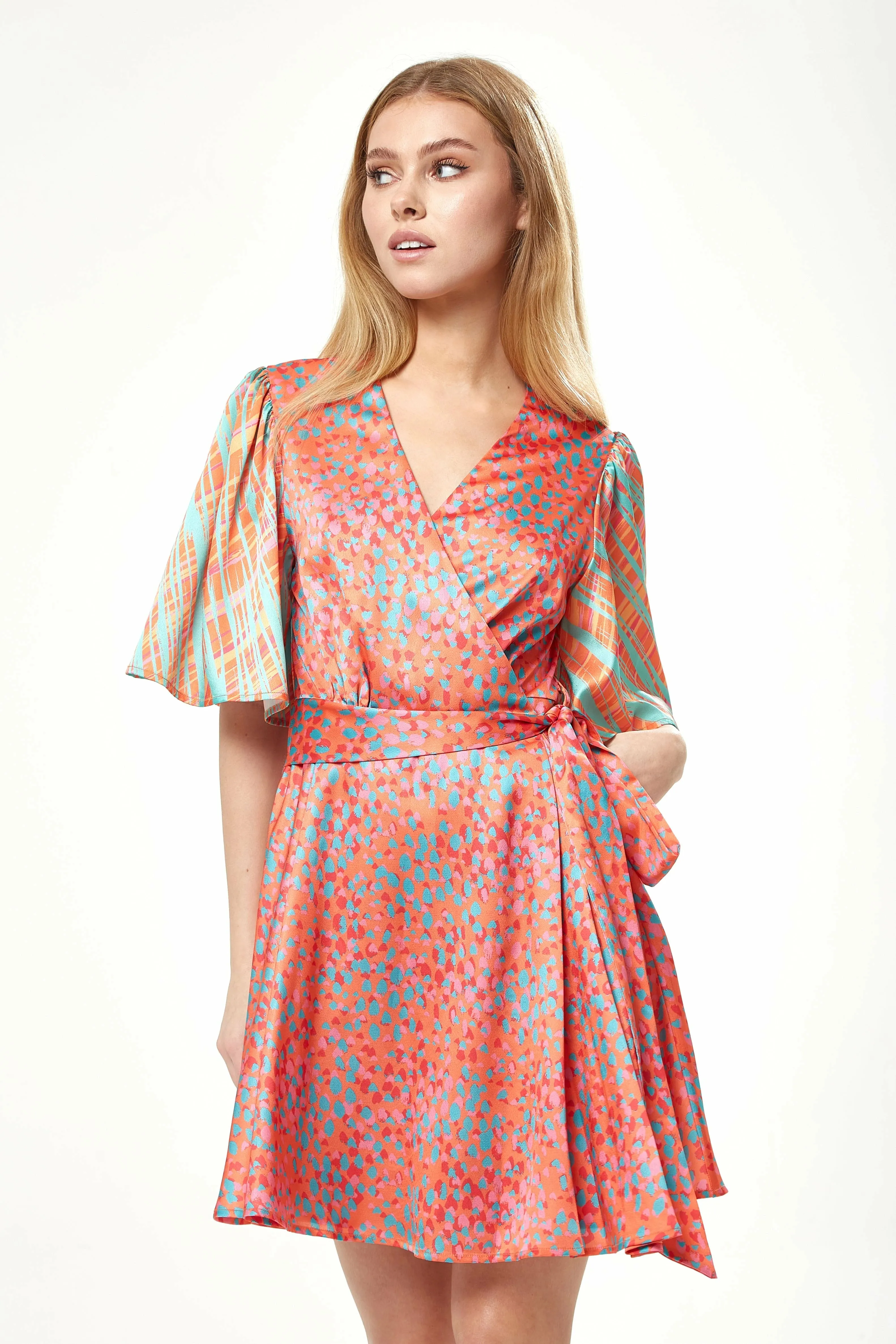 Liquorish Orange Mini Wrap Dress with Kimono Sleeve