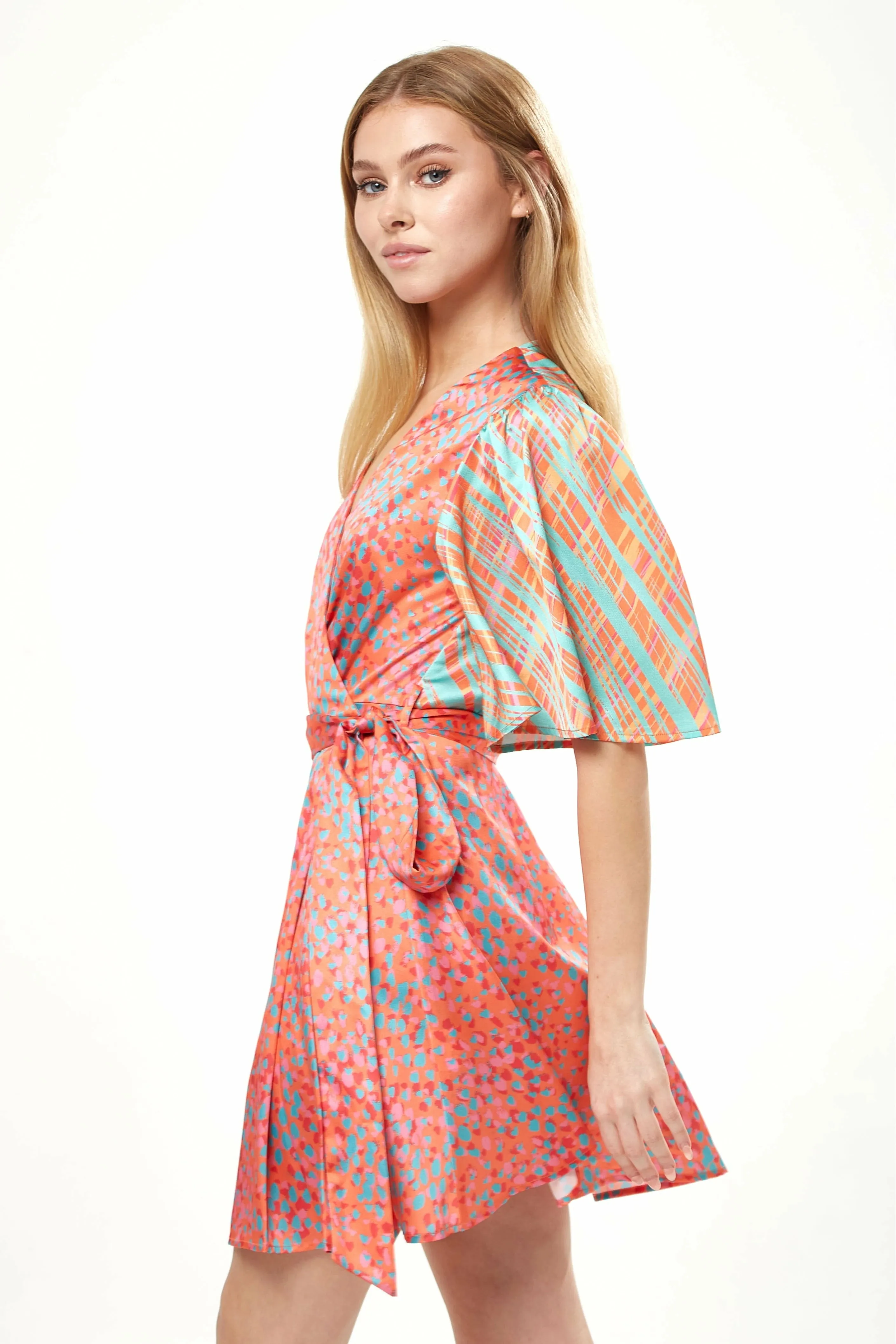 Liquorish Orange Mini Wrap Dress with Kimono Sleeve