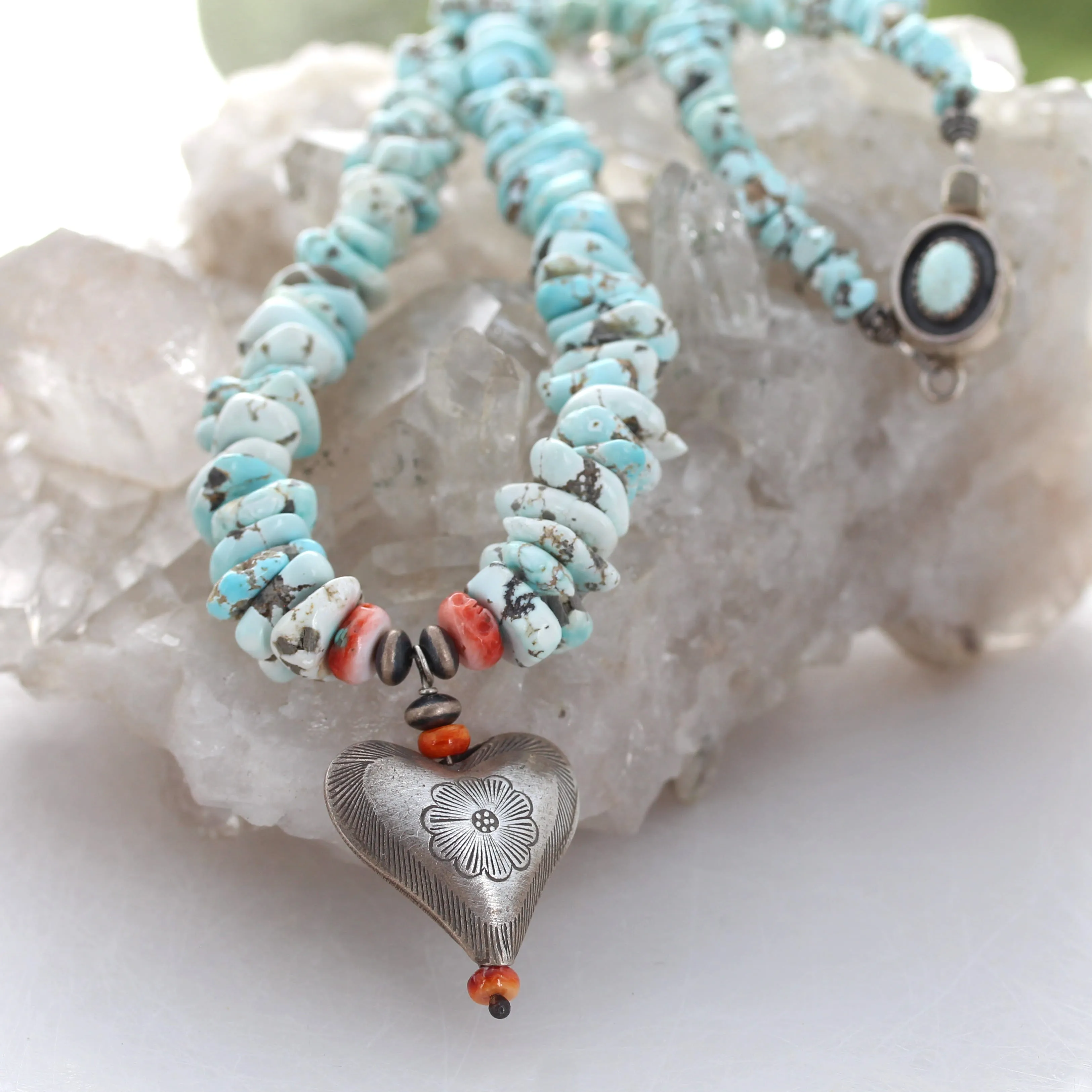 Lone Mountain Turquoise Necklace + Sterling Heart Centerpiece.