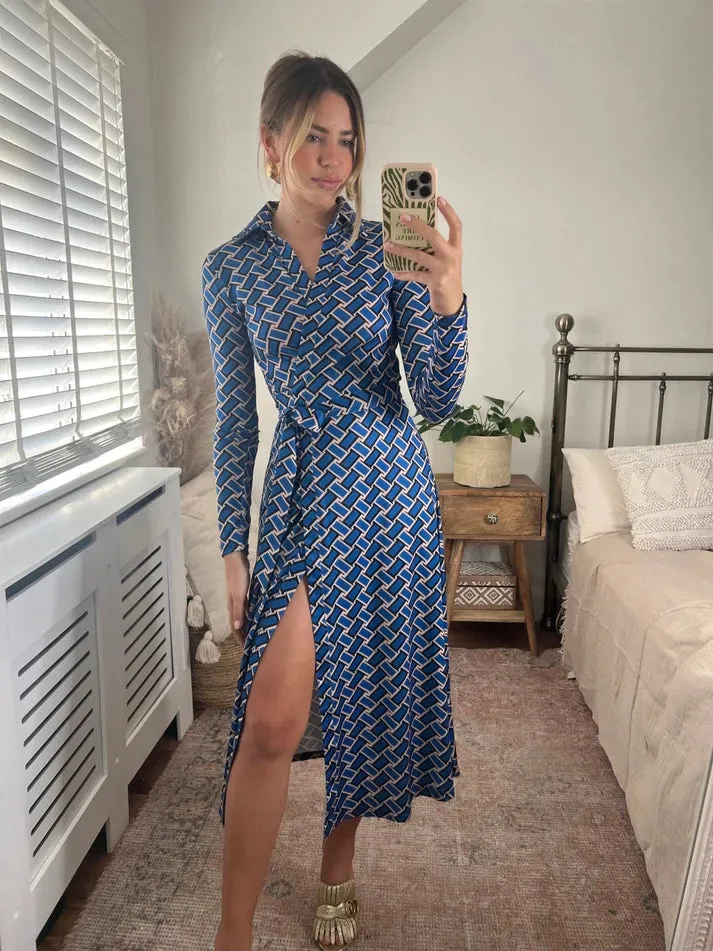 Love Joy London Blue Print Wrap Midi Dress.