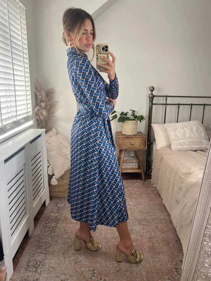 Love Joy London Blue Print Wrap Midi Dress.