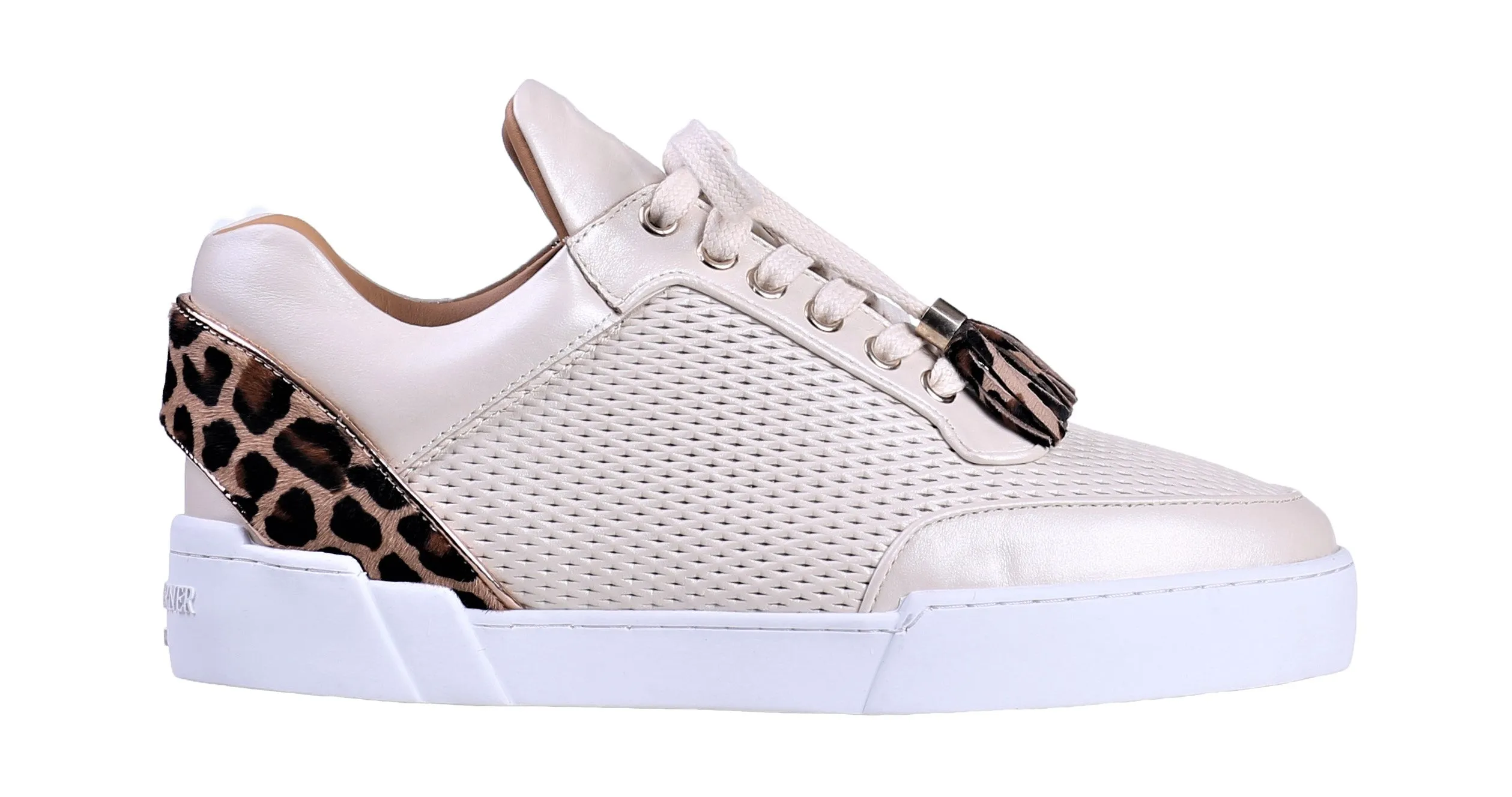 Low-Top Vanilla Cream Silk Finish Leopard Pony Skin Women's Shoes.