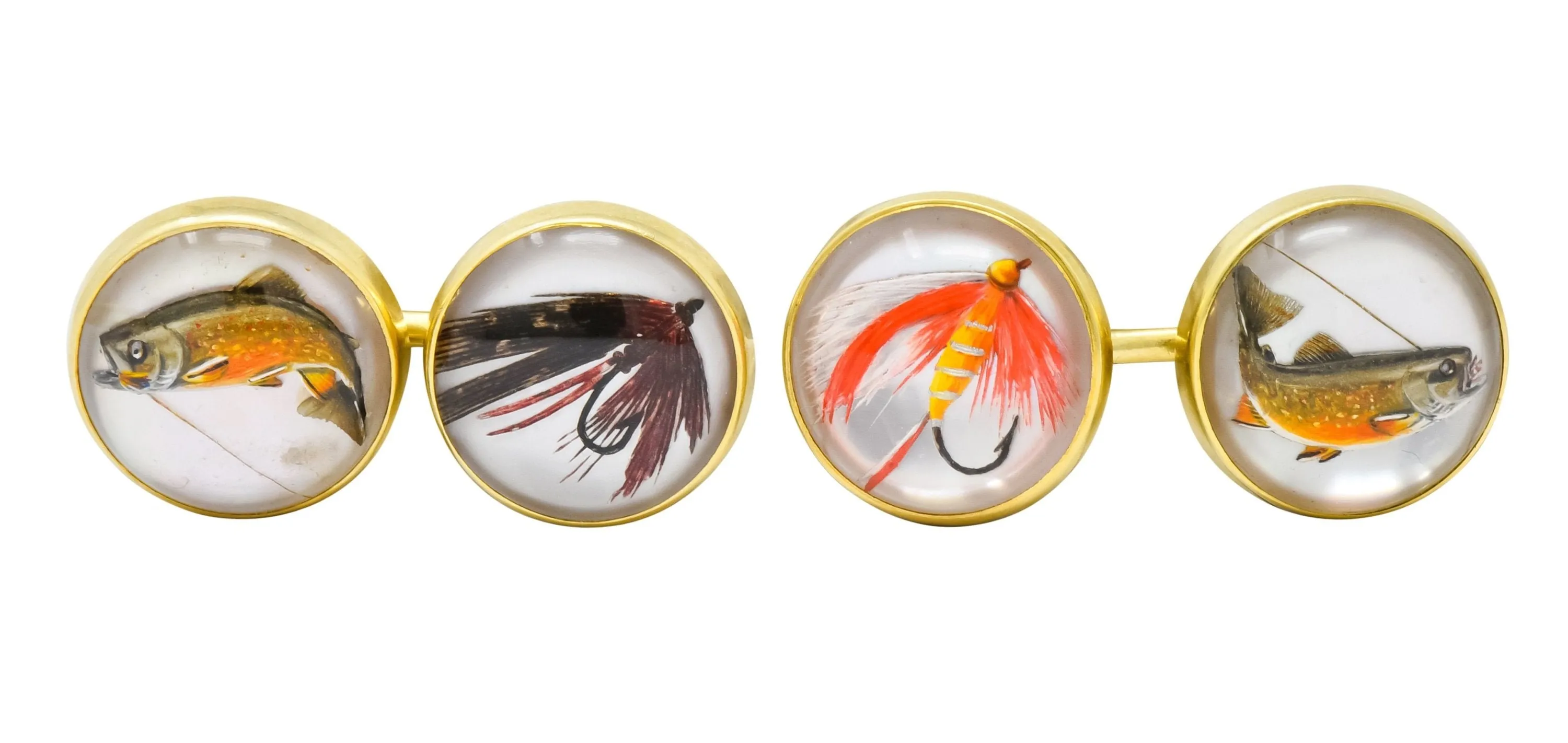 Marcus & Co. Vintage Fishing Cufflinks with Painted Carved Rock Crystal and 14K Gold