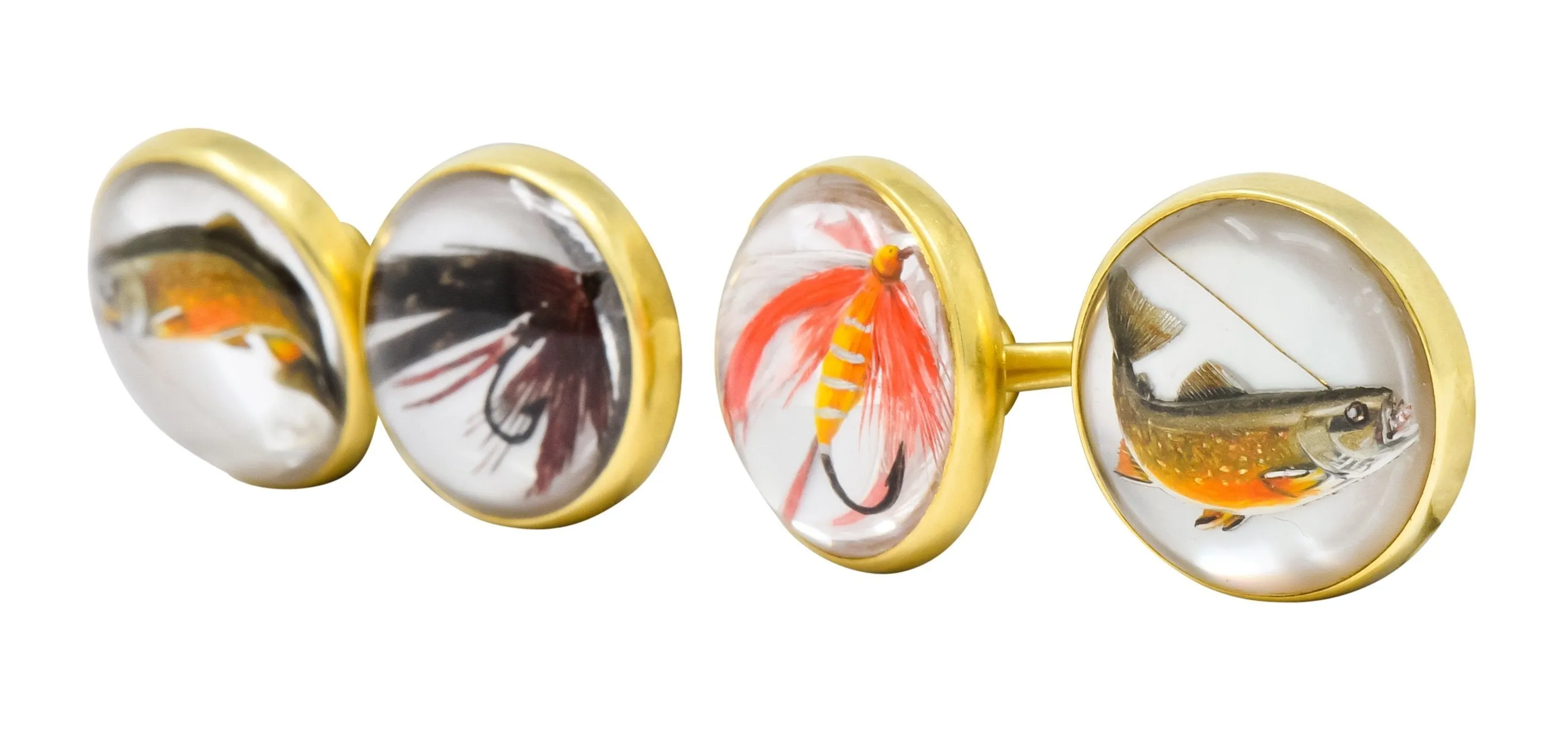 Marcus & Co. Vintage Fishing Cufflinks with Painted Carved Rock Crystal and 14K Gold