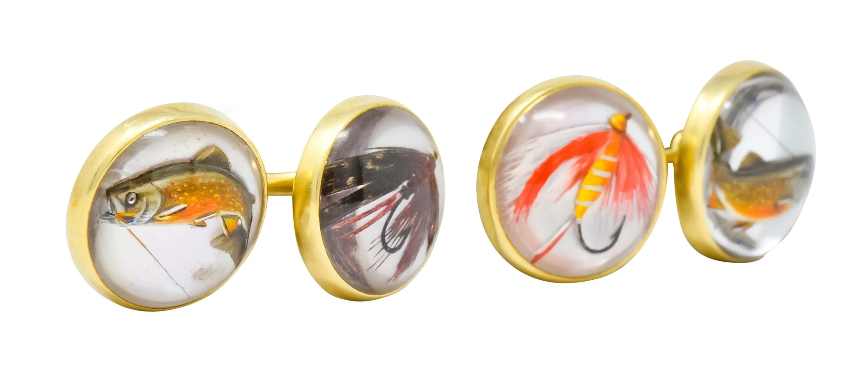 Marcus & Co. Vintage Fishing Cufflinks with Painted Carved Rock Crystal and 14K Gold