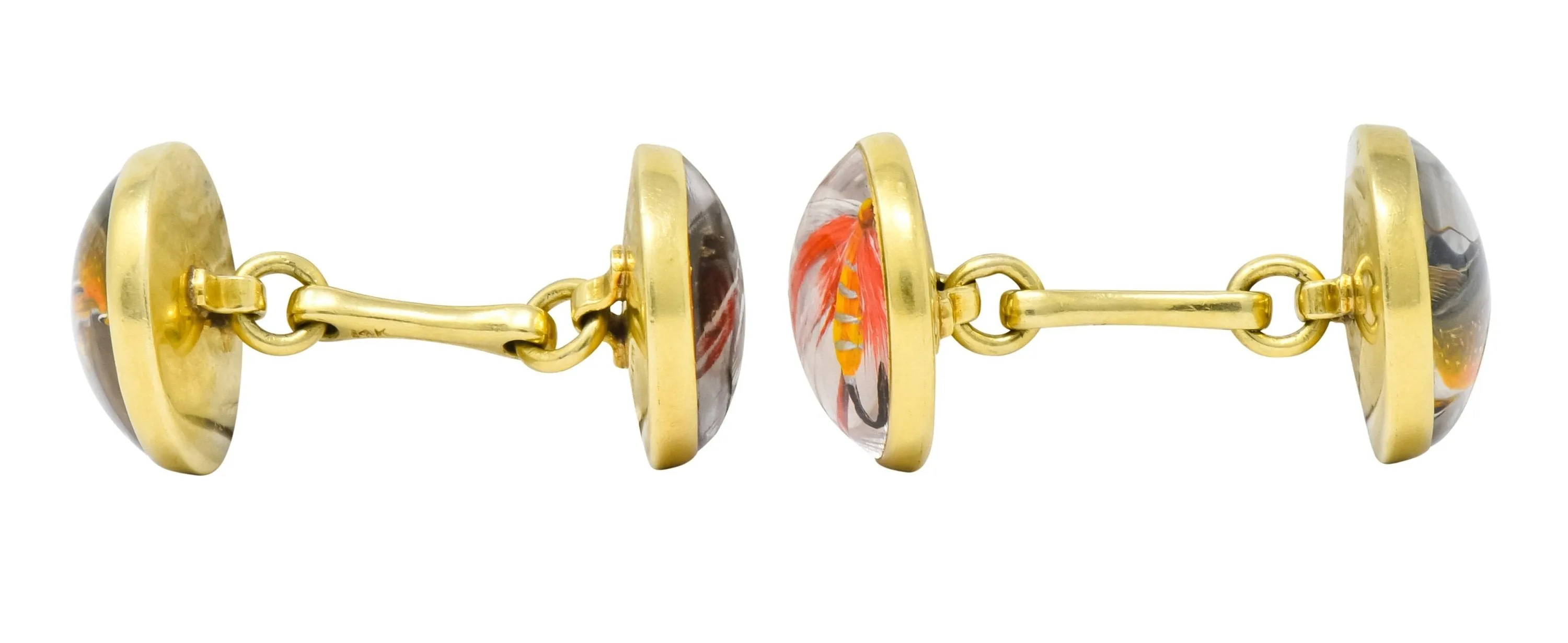 Marcus & Co. Vintage Fishing Cufflinks with Painted Carved Rock Crystal and 14K Gold