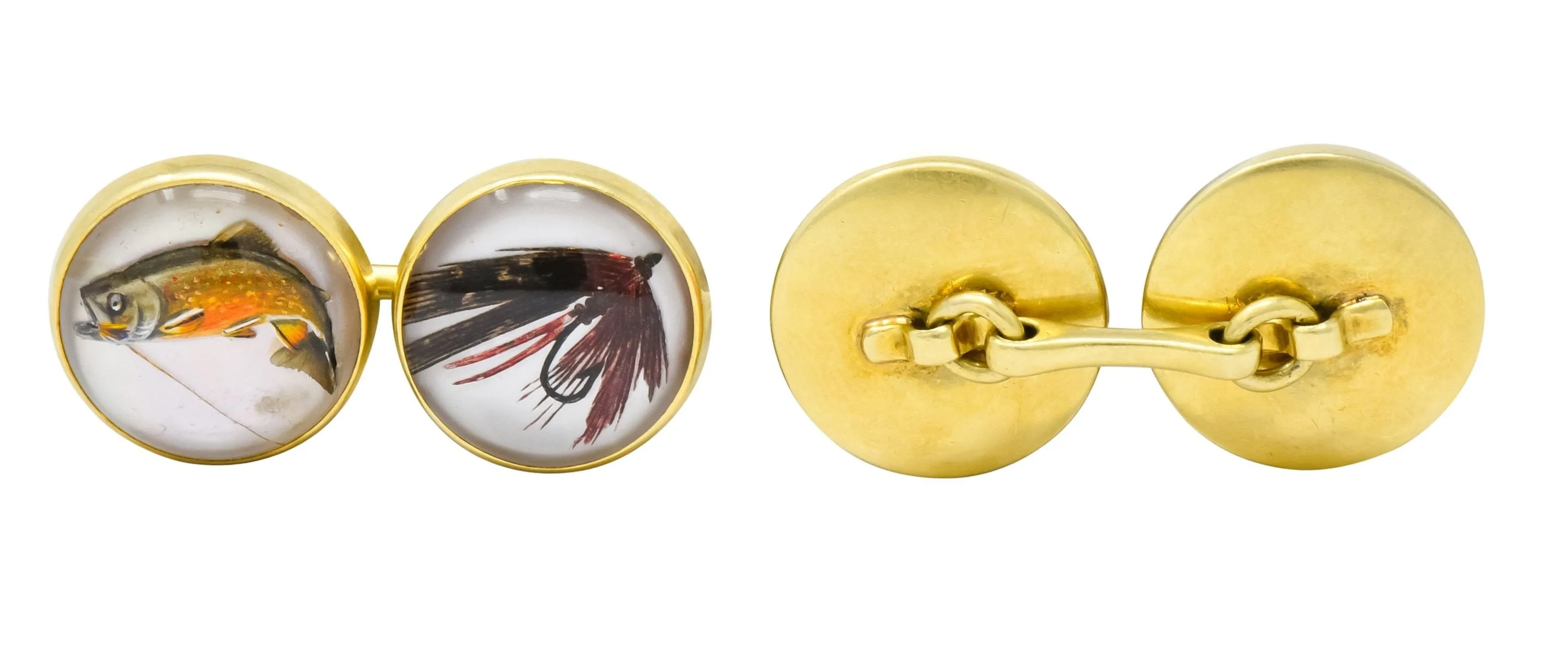 Marcus & Co. Vintage Fishing Cufflinks with Painted Carved Rock Crystal and 14K Gold