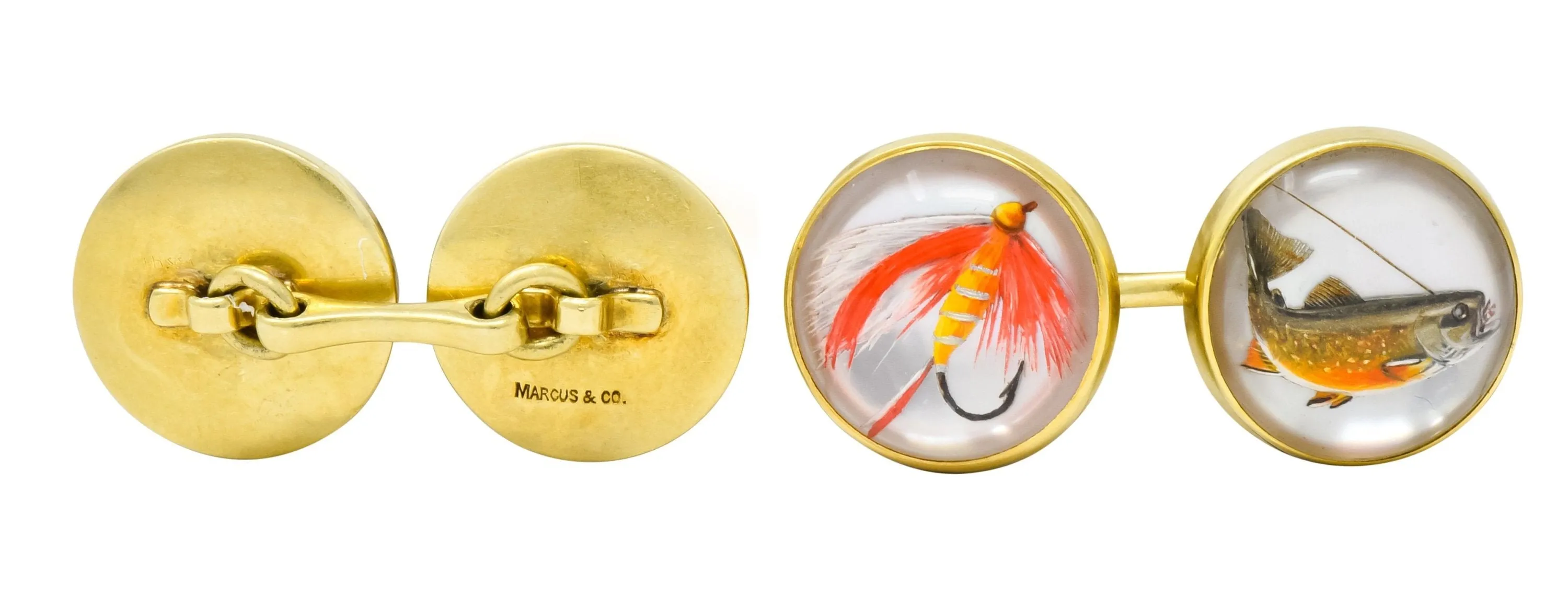 Marcus & Co. Vintage Fishing Cufflinks with Painted Carved Rock Crystal and 14K Gold