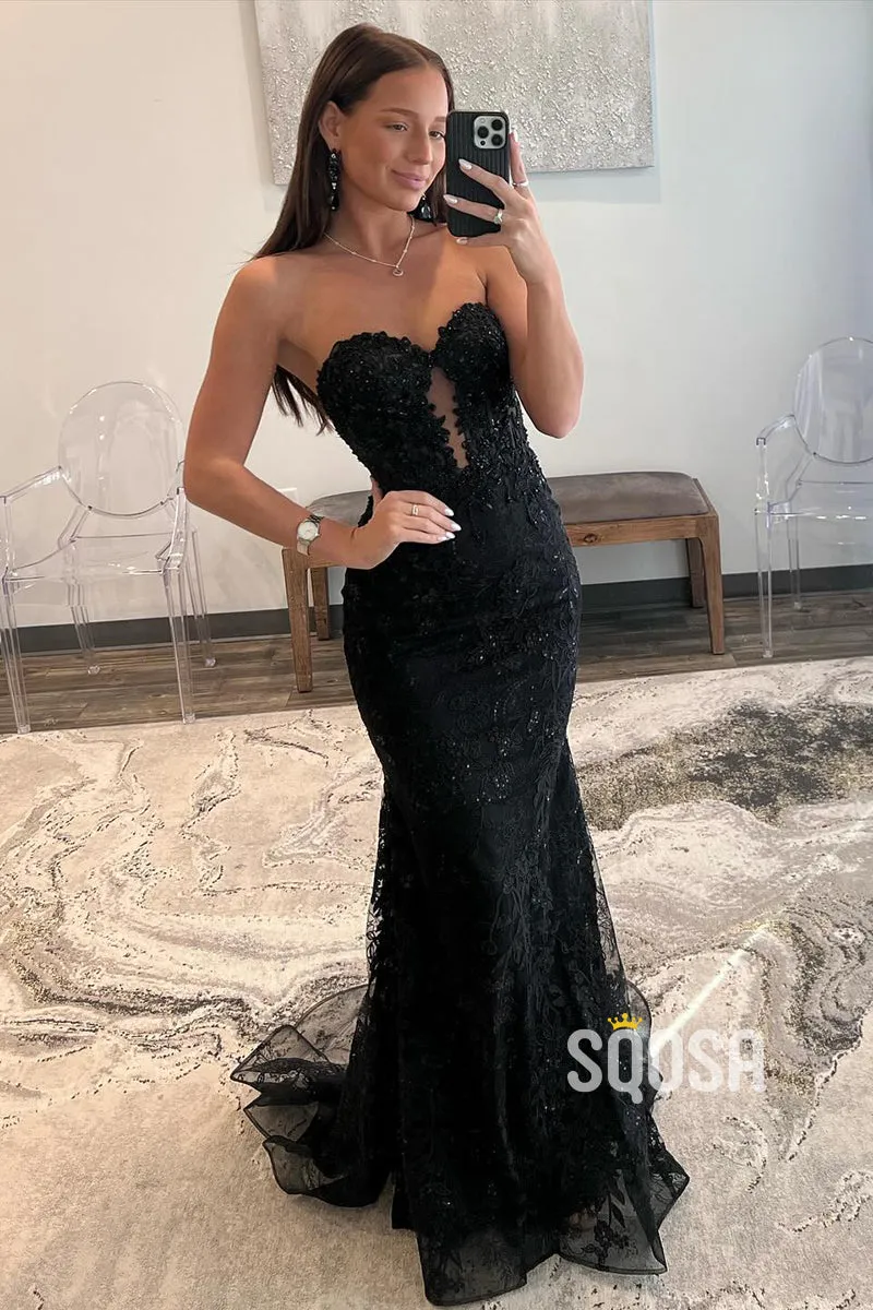 Mermaid Strapless Black Long Prom Dress with Applique for Evening Gowns - QP3183