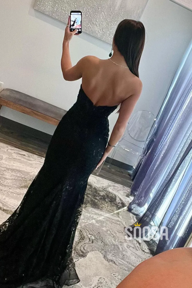 Mermaid Strapless Black Long Prom Dress with Applique for Evening Gowns - QP3183