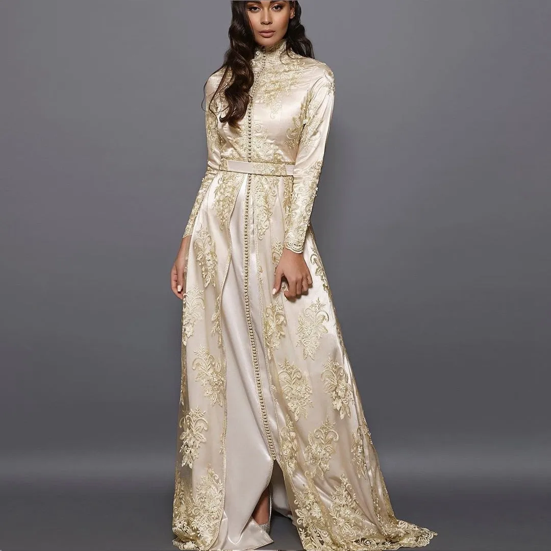 Moroccan Caftan Evening Gowns A-Line Long Sleeve: Moroccan caftan dresses with long sleeves and an A-line silhouette.