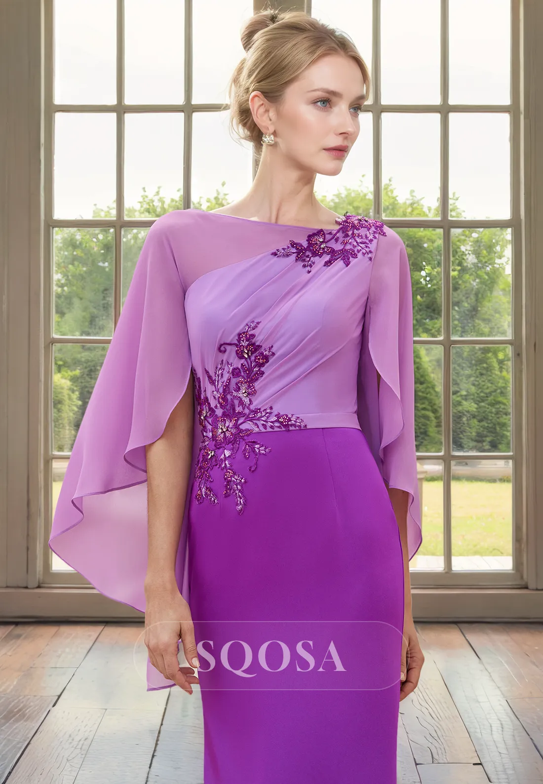 Mother of the Bride Dress with Batwing Sleeves and Appliques